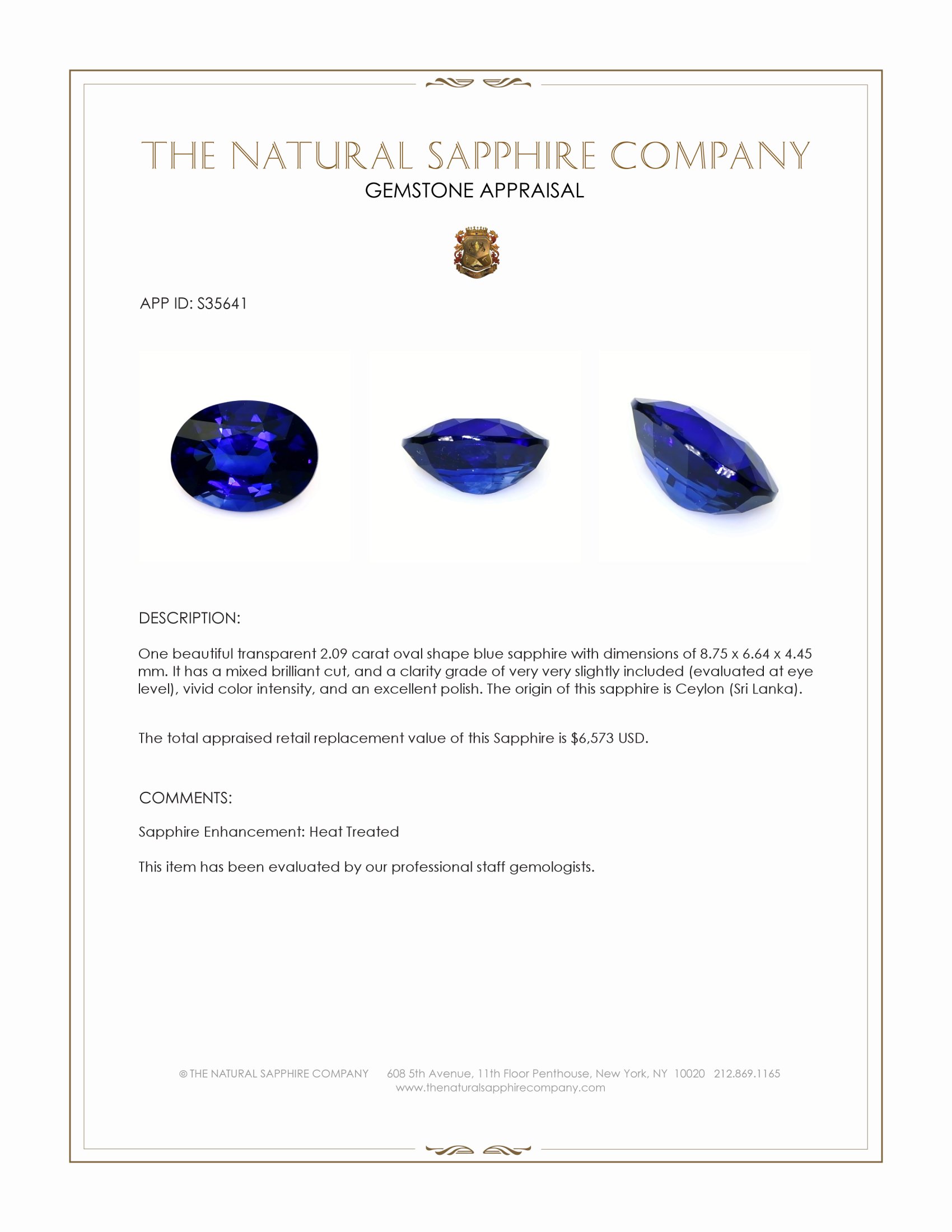2.09 Ct. Blue Sapphire from Ceylon (Sri Lanka)