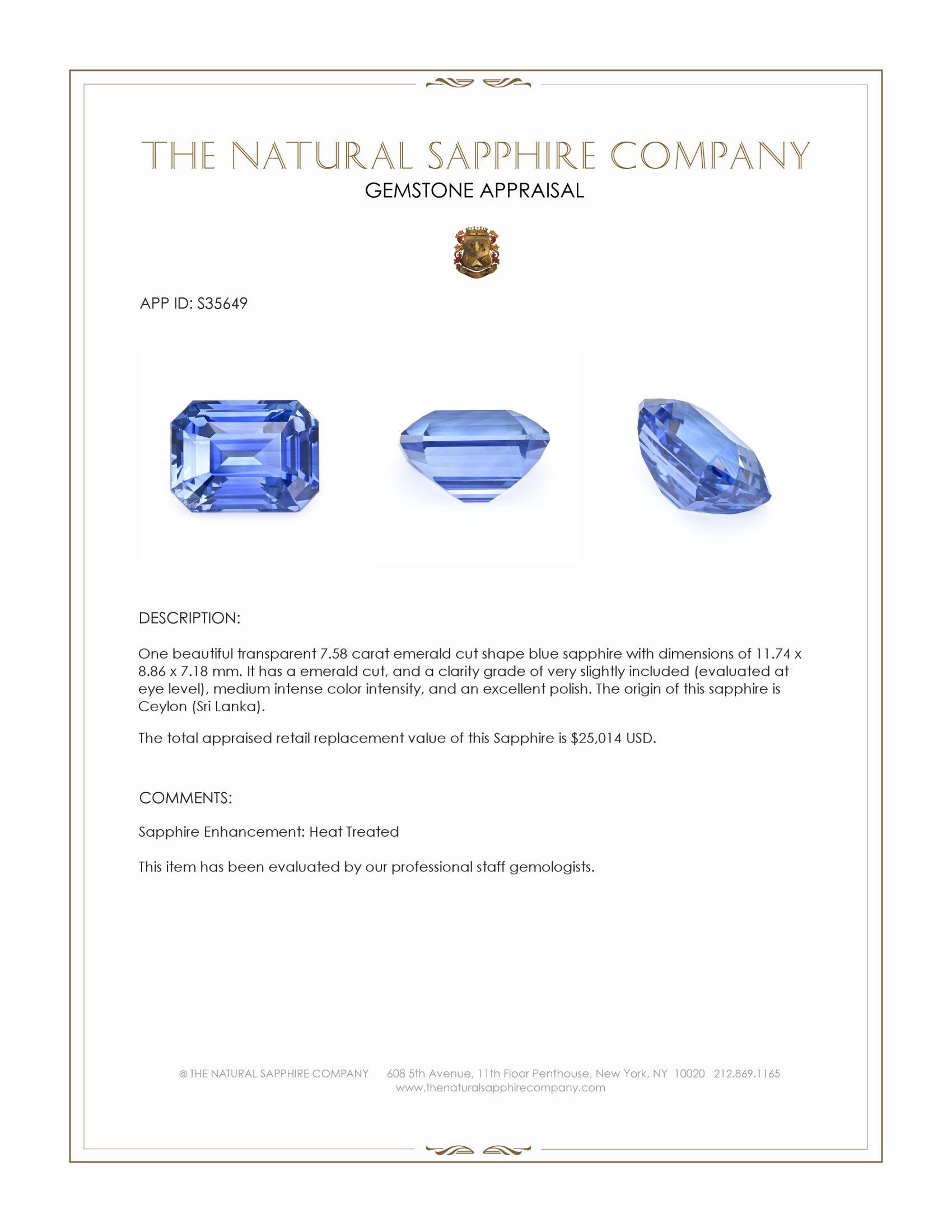 7.58 Ct. Blue Sapphire from Ceylon (Sri Lanka)