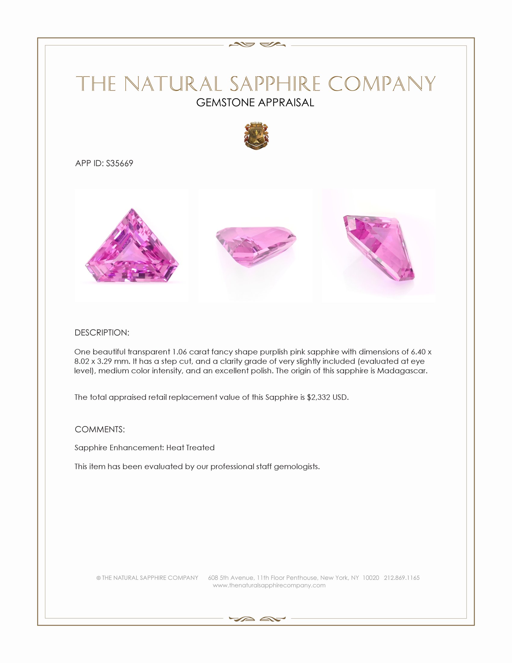 1.06 Ct. Purplish Pink Sapphire from Madagascar