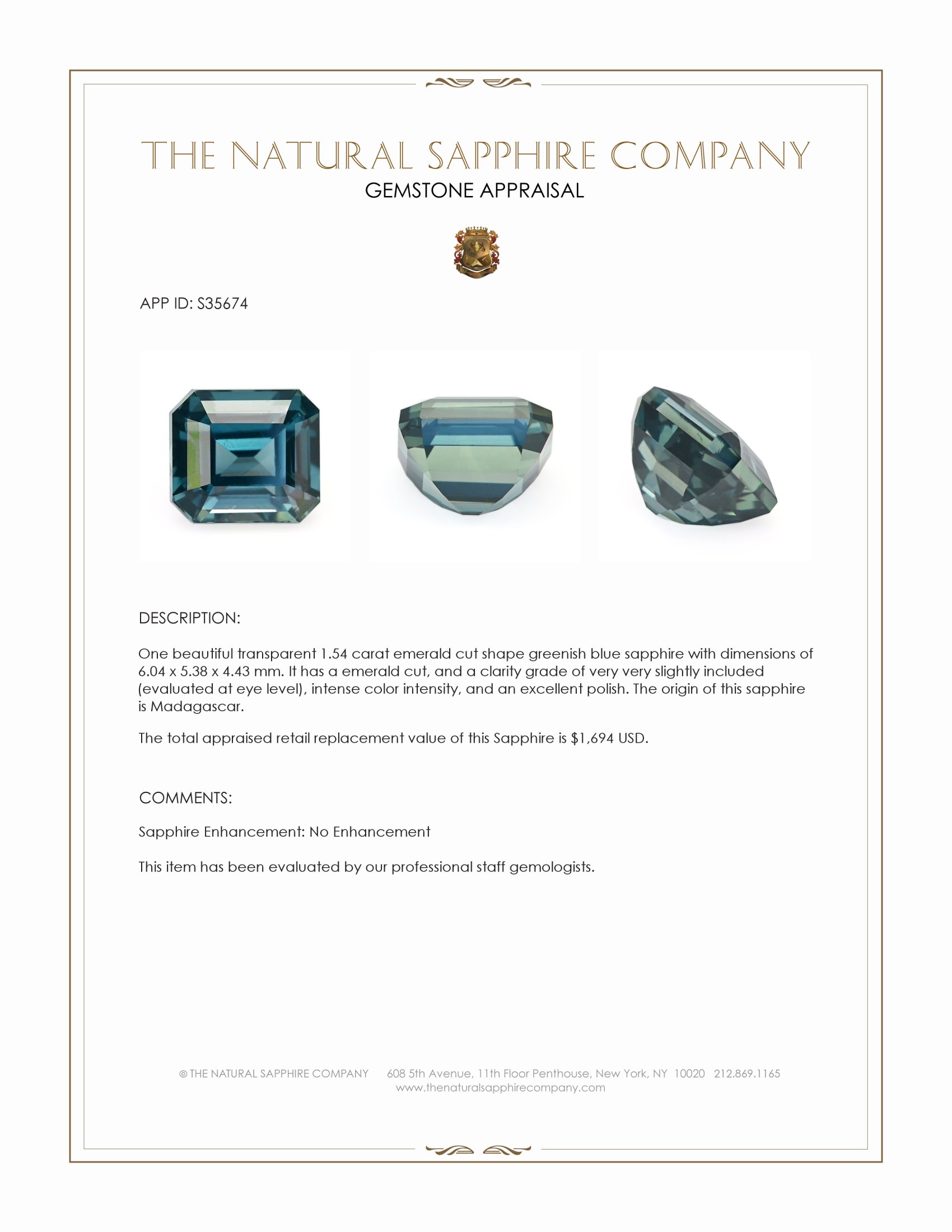 1.54 Ct. Greenish Blue Sapphire from Madagascar