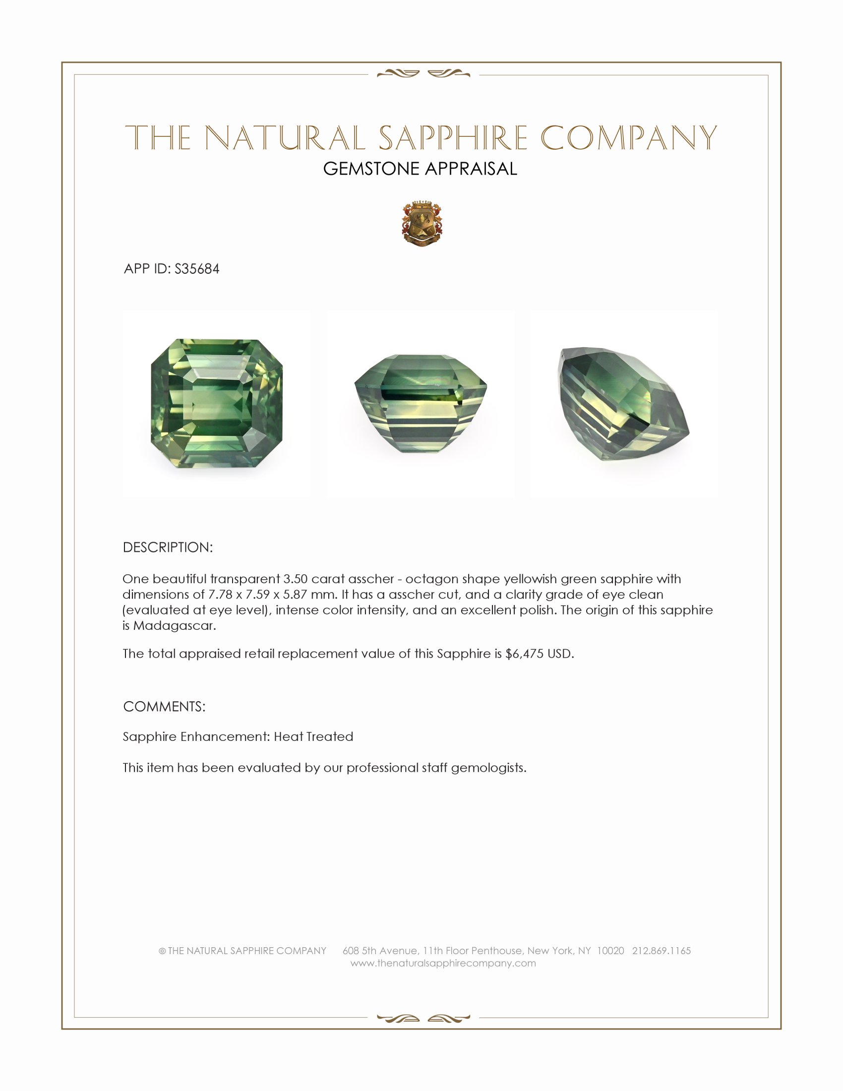 3.50 Ct. Yellowish Green Sapphire from Madagascar