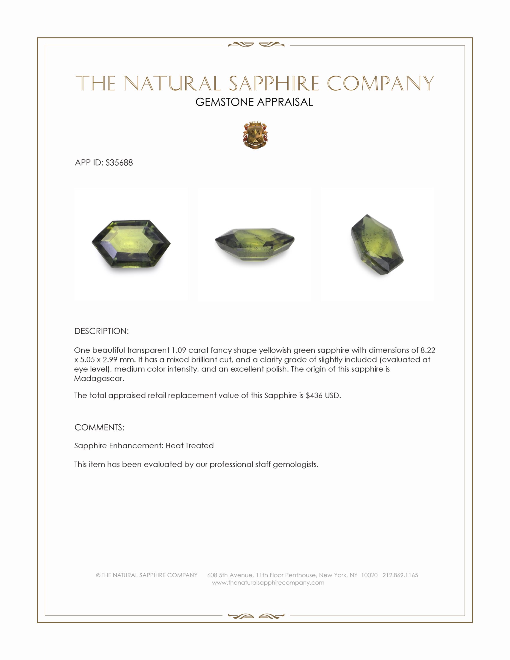 1.09 Ct. Yellowish Green Sapphire from Madagascar