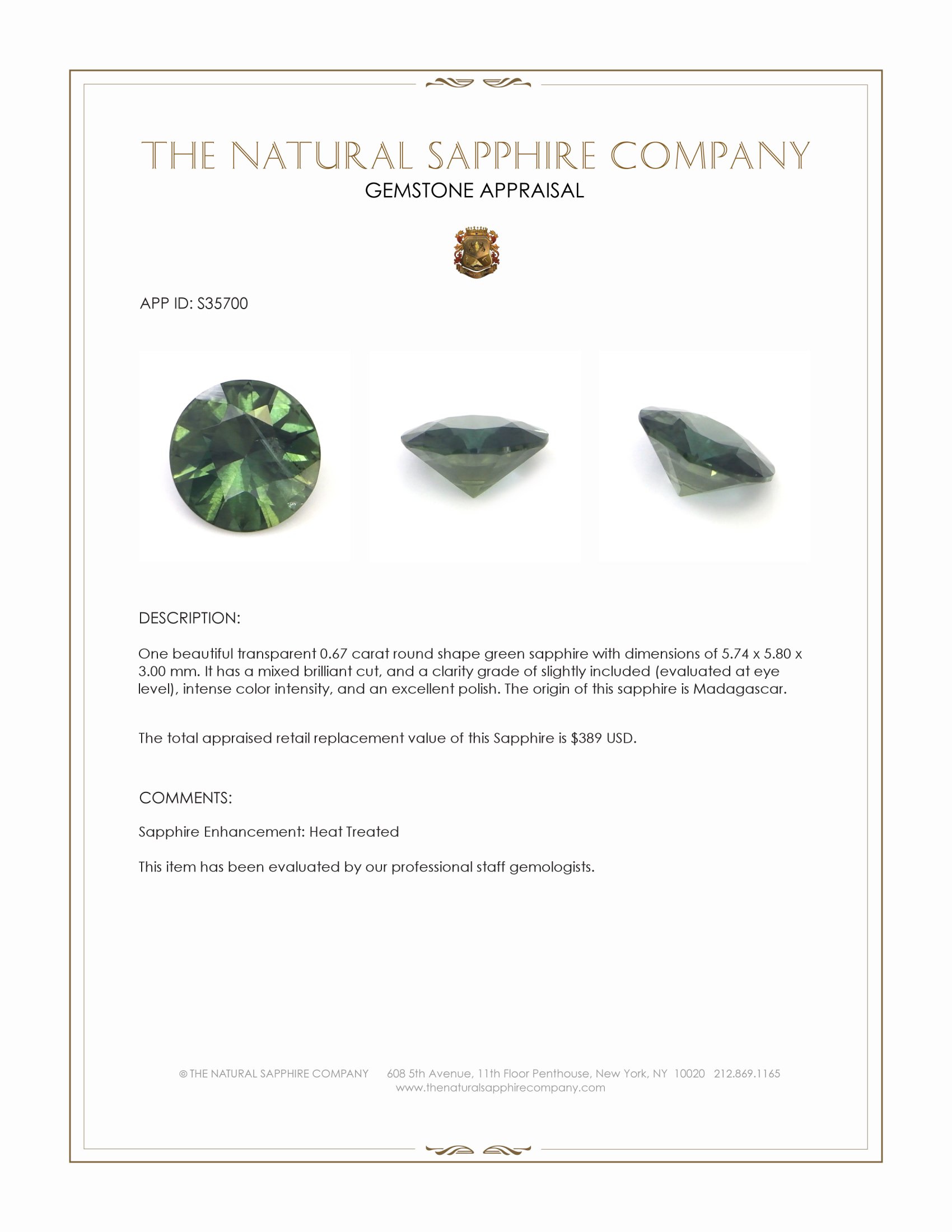 0.67 Ct. Green Sapphire from Madagascar