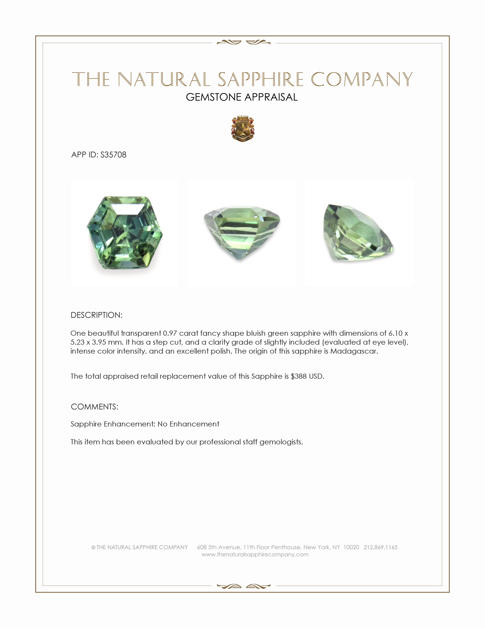 0.97 Ct. Bluish Green Sapphire from Madagascar