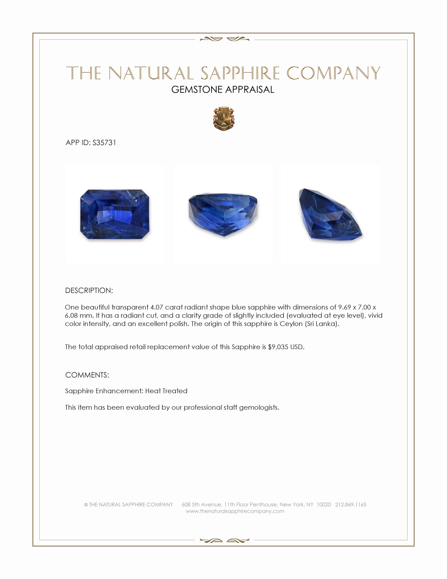 4.07 Ct. Blue Sapphire from Ceylon (Sri Lanka)