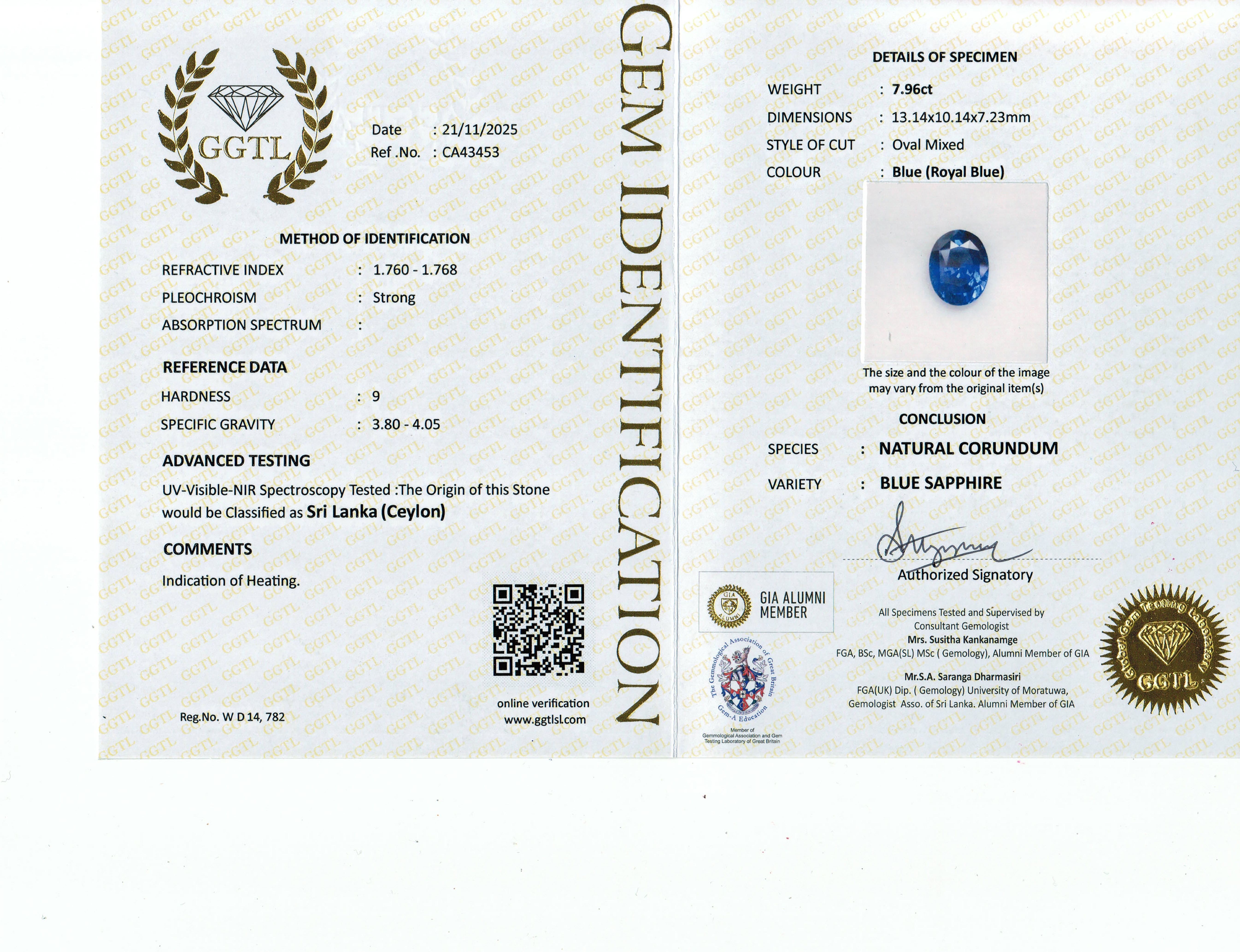 7.95 Ct. Blue Sapphire from Ceylon (Sri Lanka)