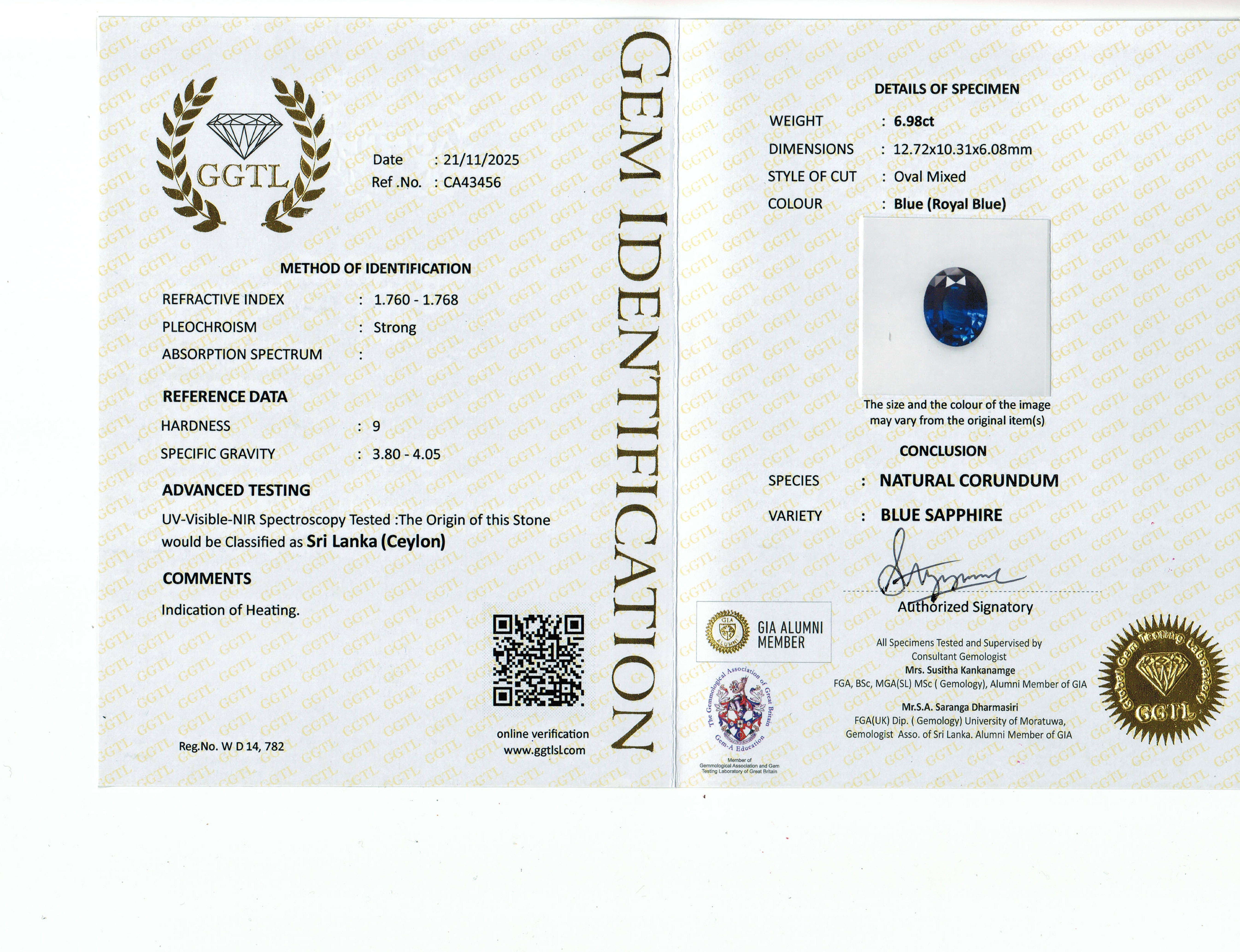 6.97 Ct. Blue Sapphire from Ceylon (Sri Lanka)