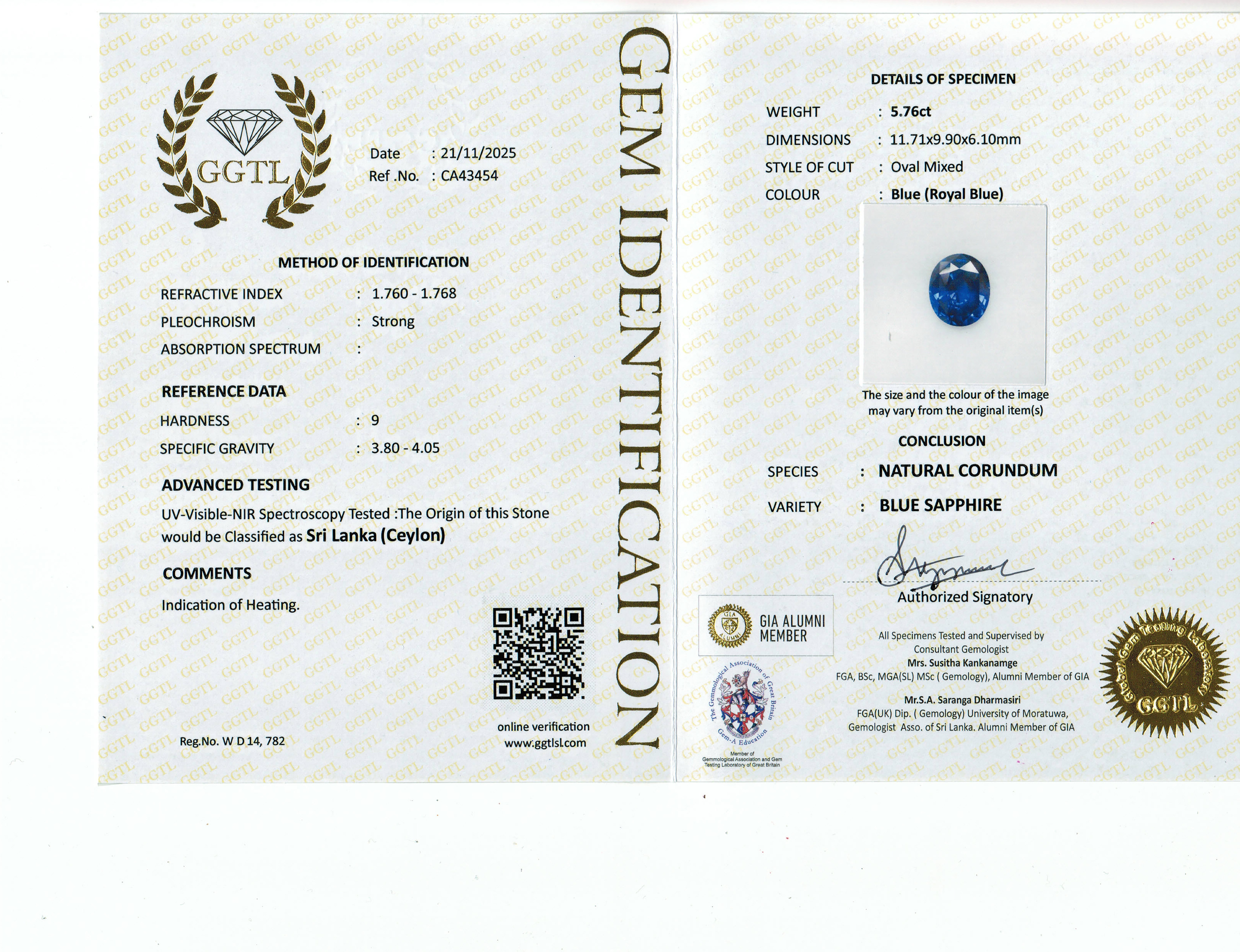 5.76 Ct. Blue Sapphire from Ceylon (Sri Lanka)