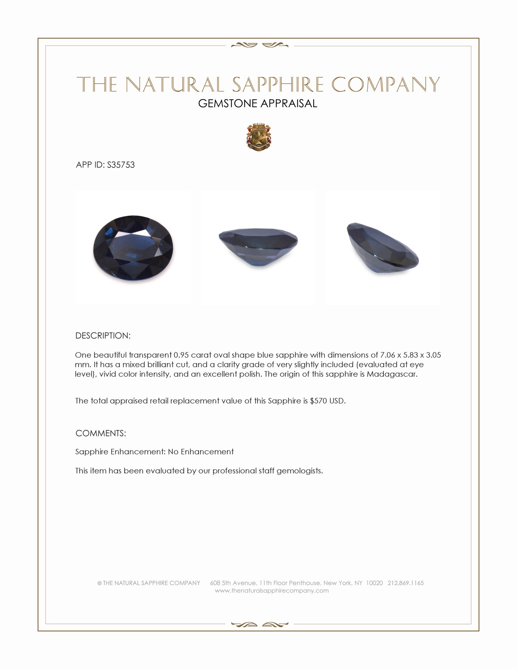 0.95 Ct. Blue Sapphire from Madagascar