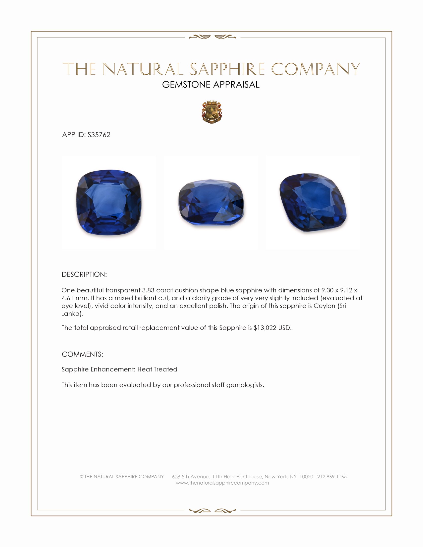 3.83 Ct. Blue Sapphire from Ceylon (Sri Lanka)