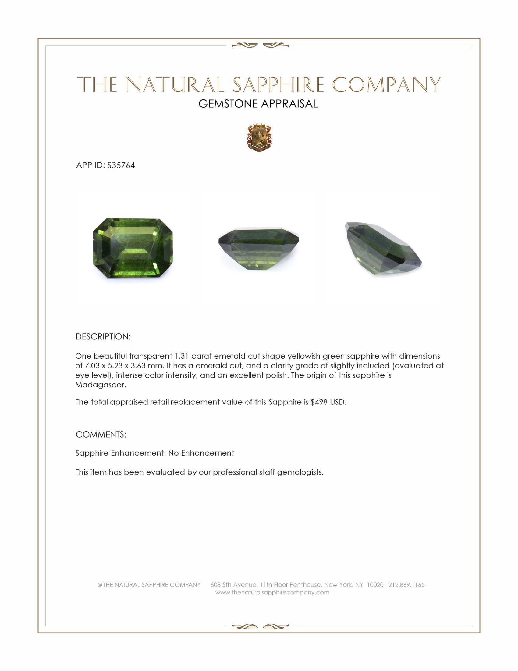 1.31 Ct. Yellowish Green Sapphire from Madagascar