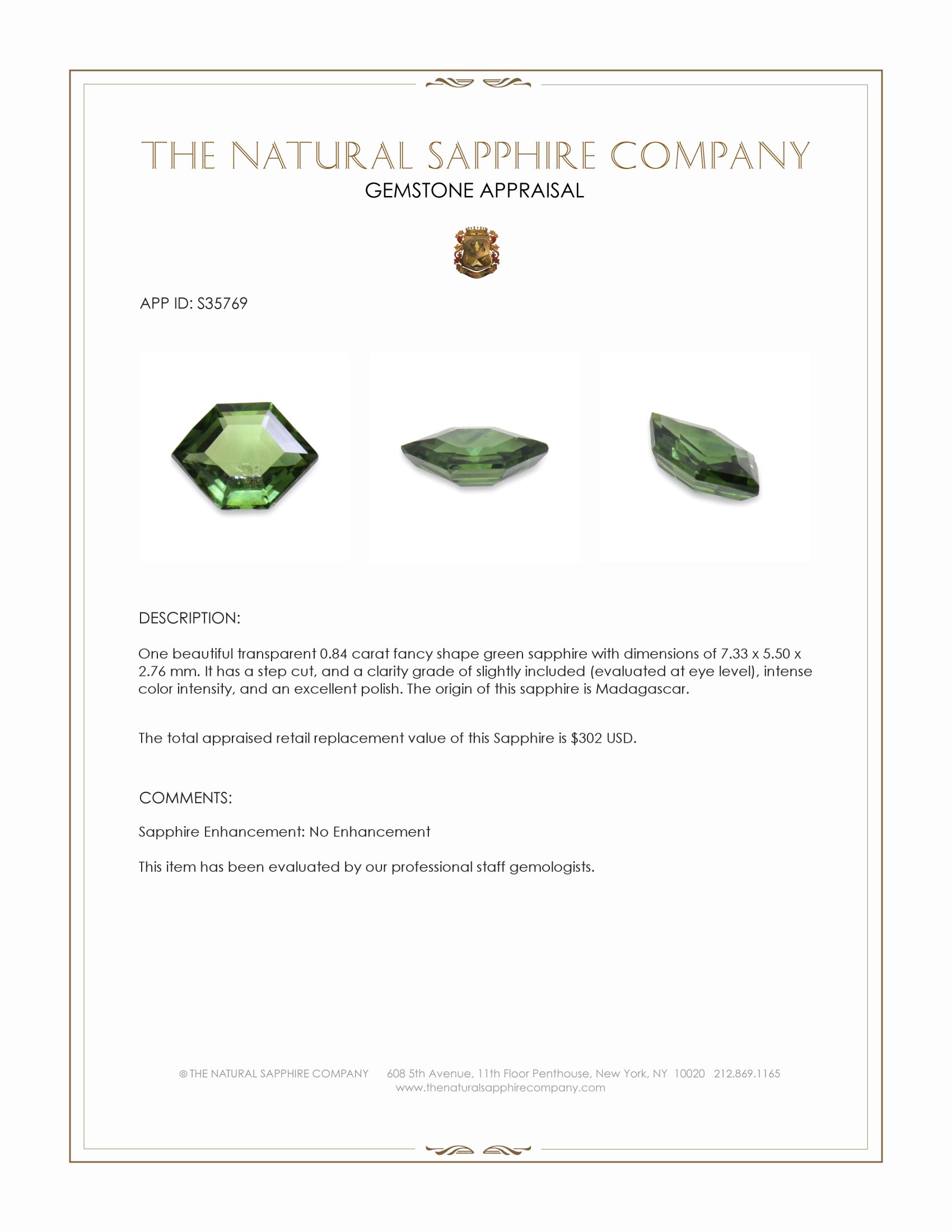 0.84 Ct. Green Sapphire from Madagascar