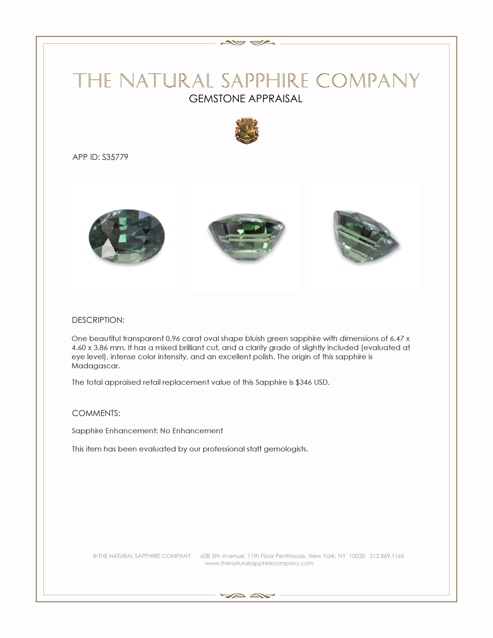 0.96 Ct. Bluish Green Sapphire from Madagascar