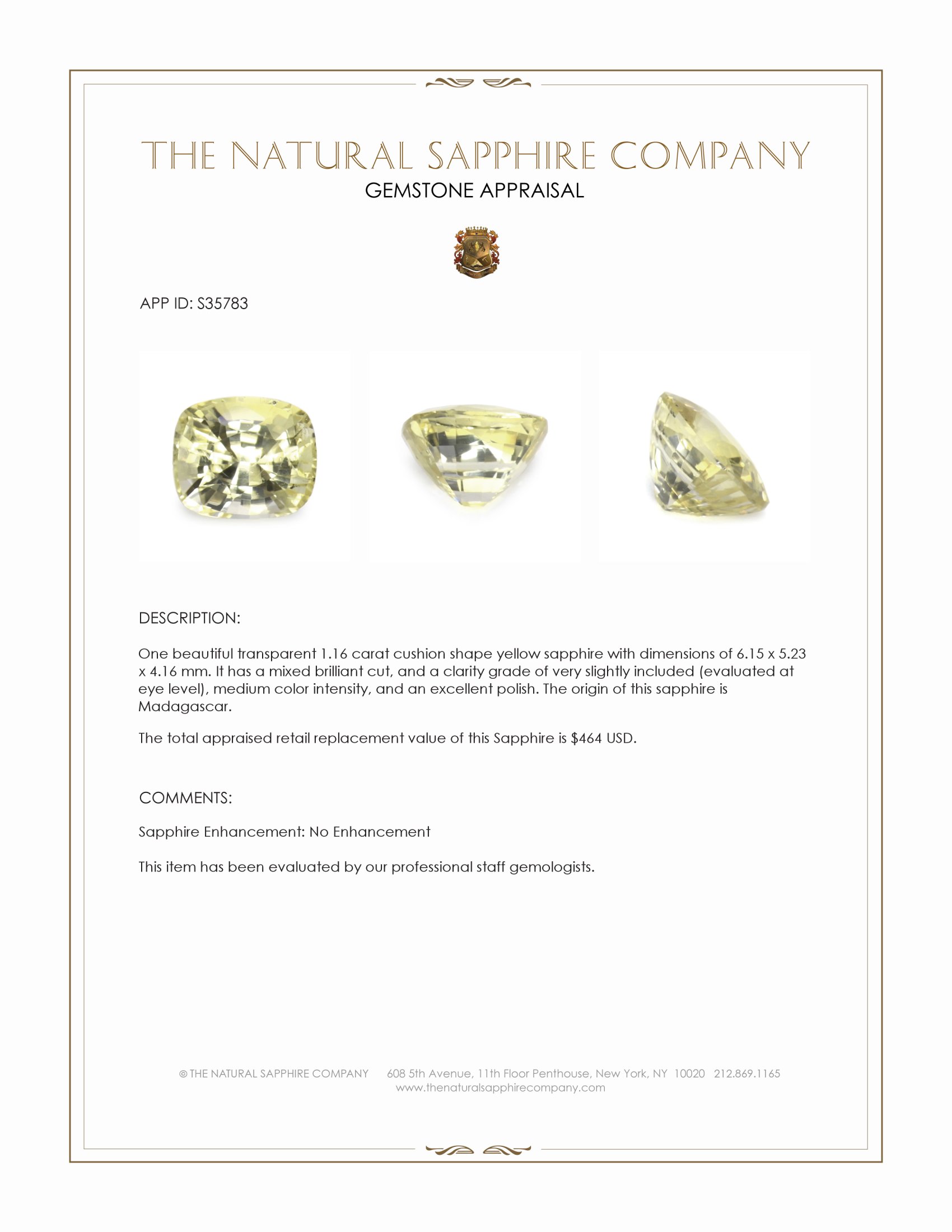 1.16 Ct. Yellow Sapphire from Madagascar