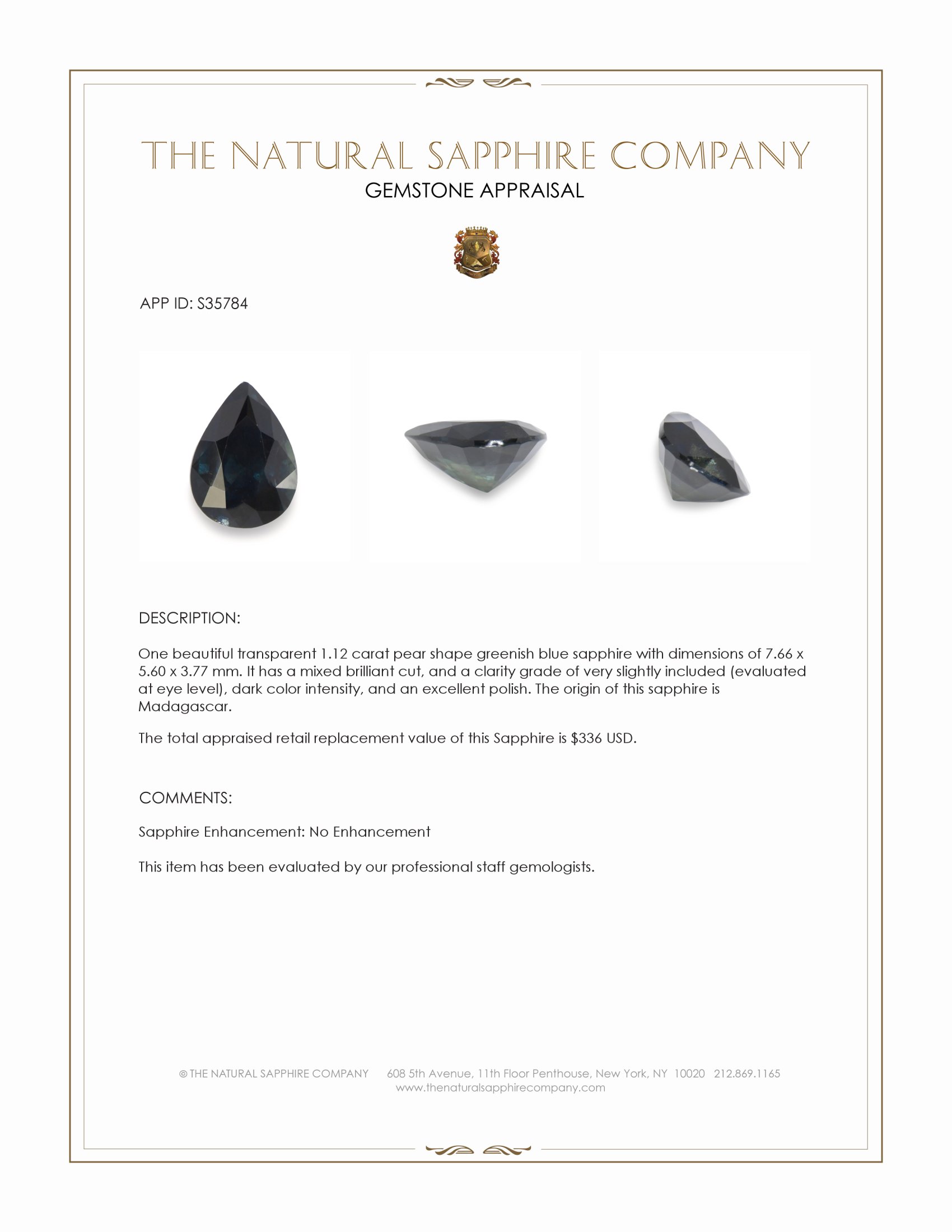 1.12 Ct. Greenish Blue Sapphire from Madagascar