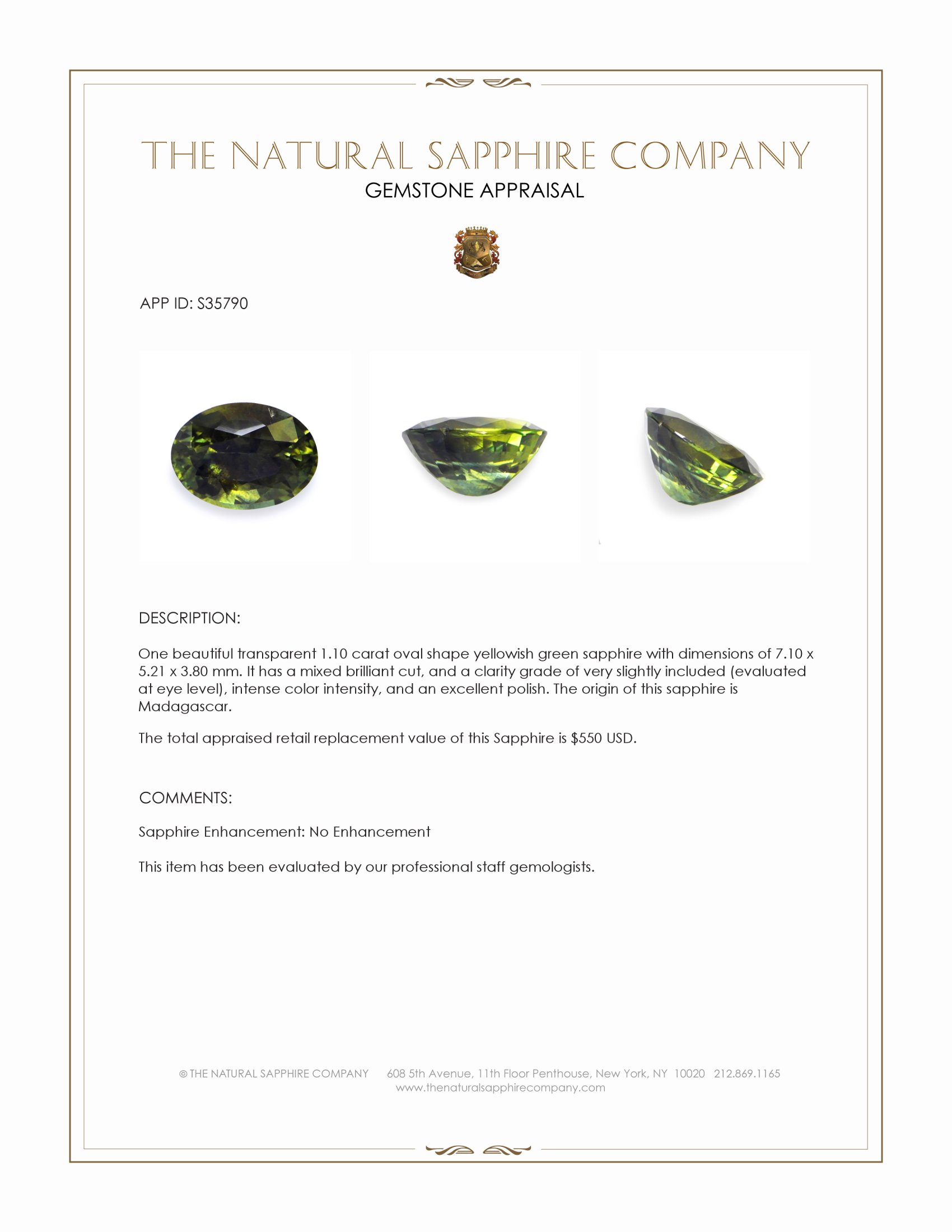1.10 Ct. Yellowish Green Sapphire from Madagascar