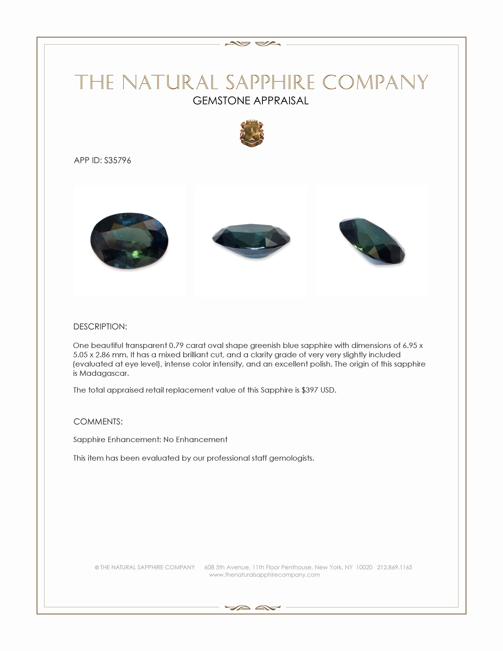 0.79 Ct. Greenish Blue Sapphire from Madagascar