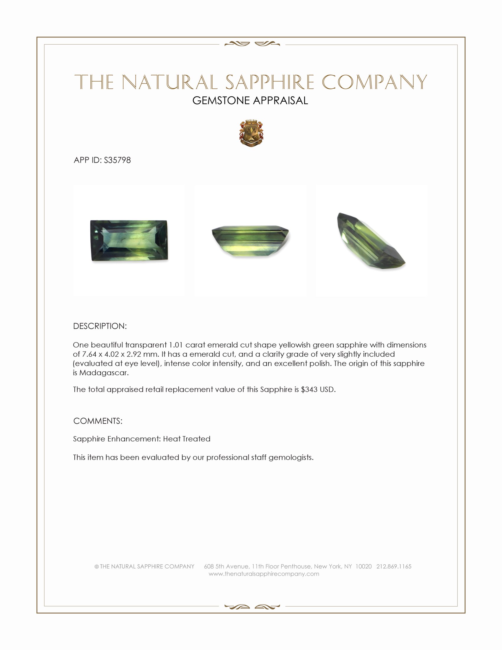 1.01 Ct. Yellowish Green Sapphire from Madagascar