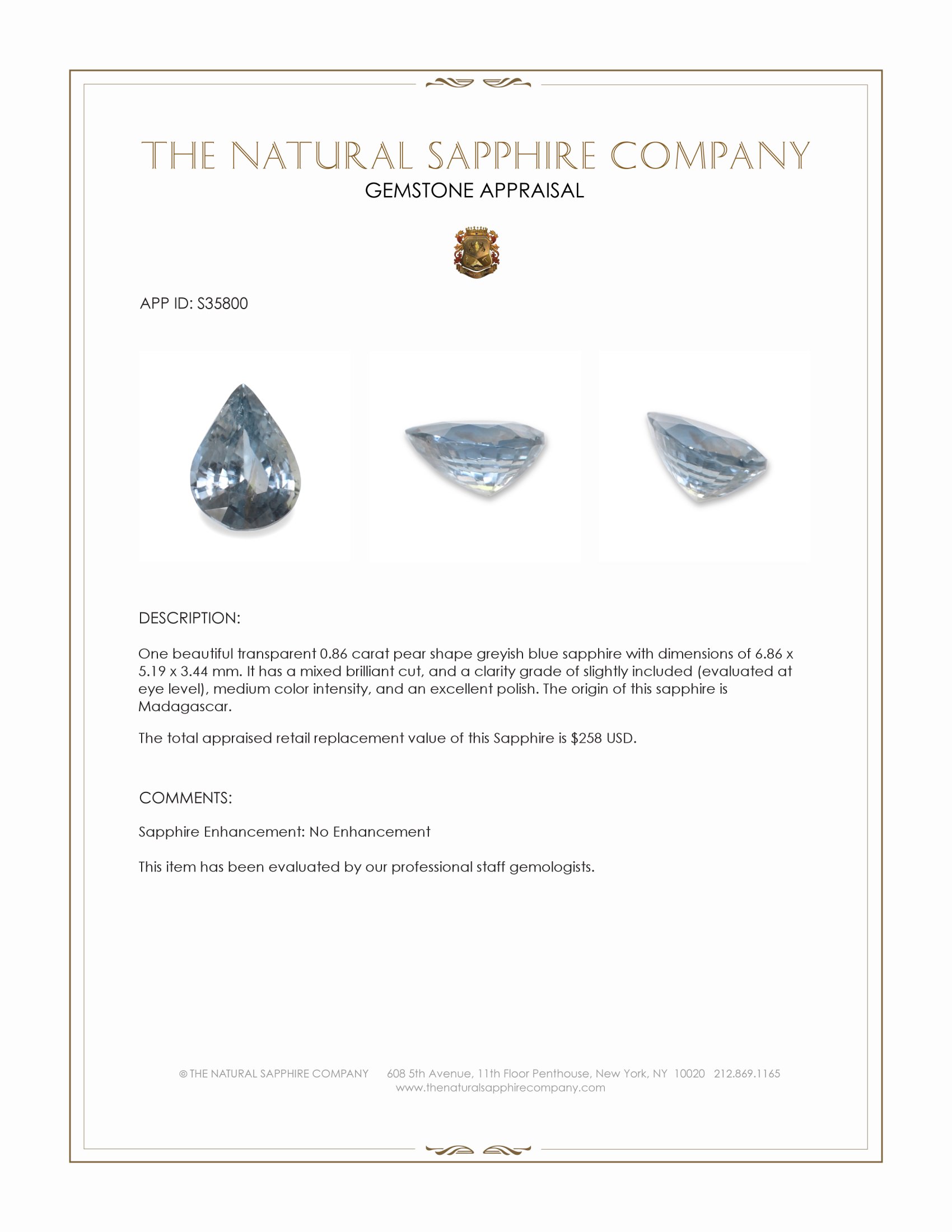 0.86 Ct. Greyish Blue Sapphire from Madagascar