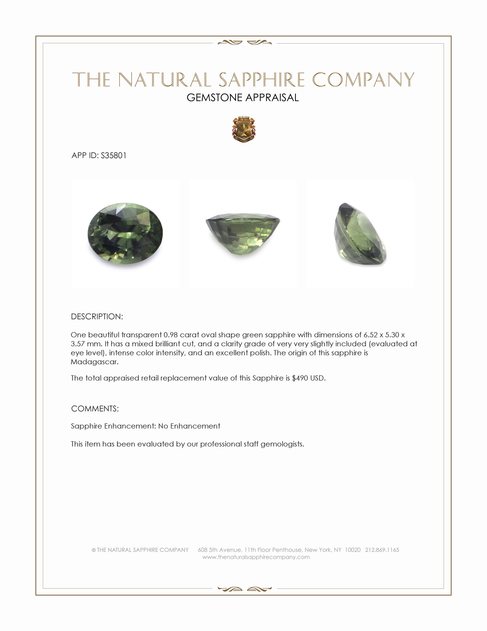 0.98 Ct. Green Sapphire from Madagascar