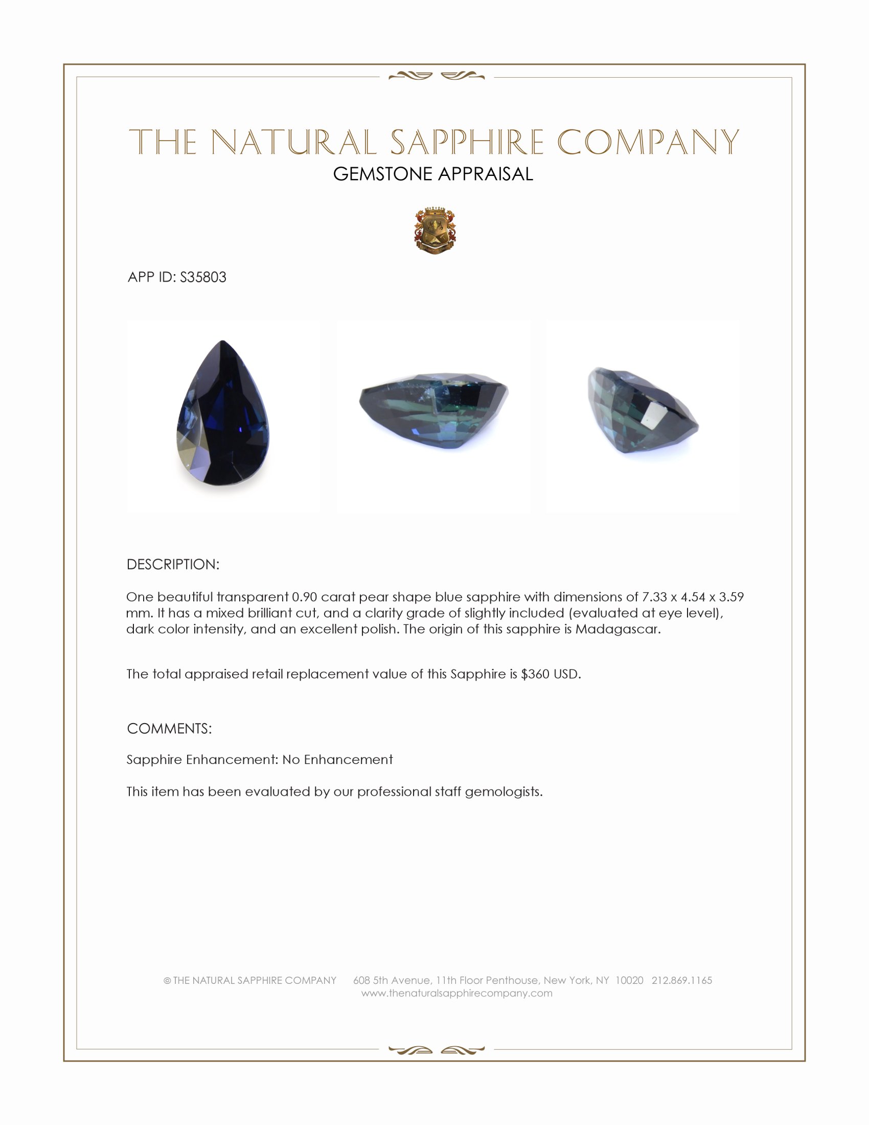 0.90 Ct. Blue Sapphire from Madagascar