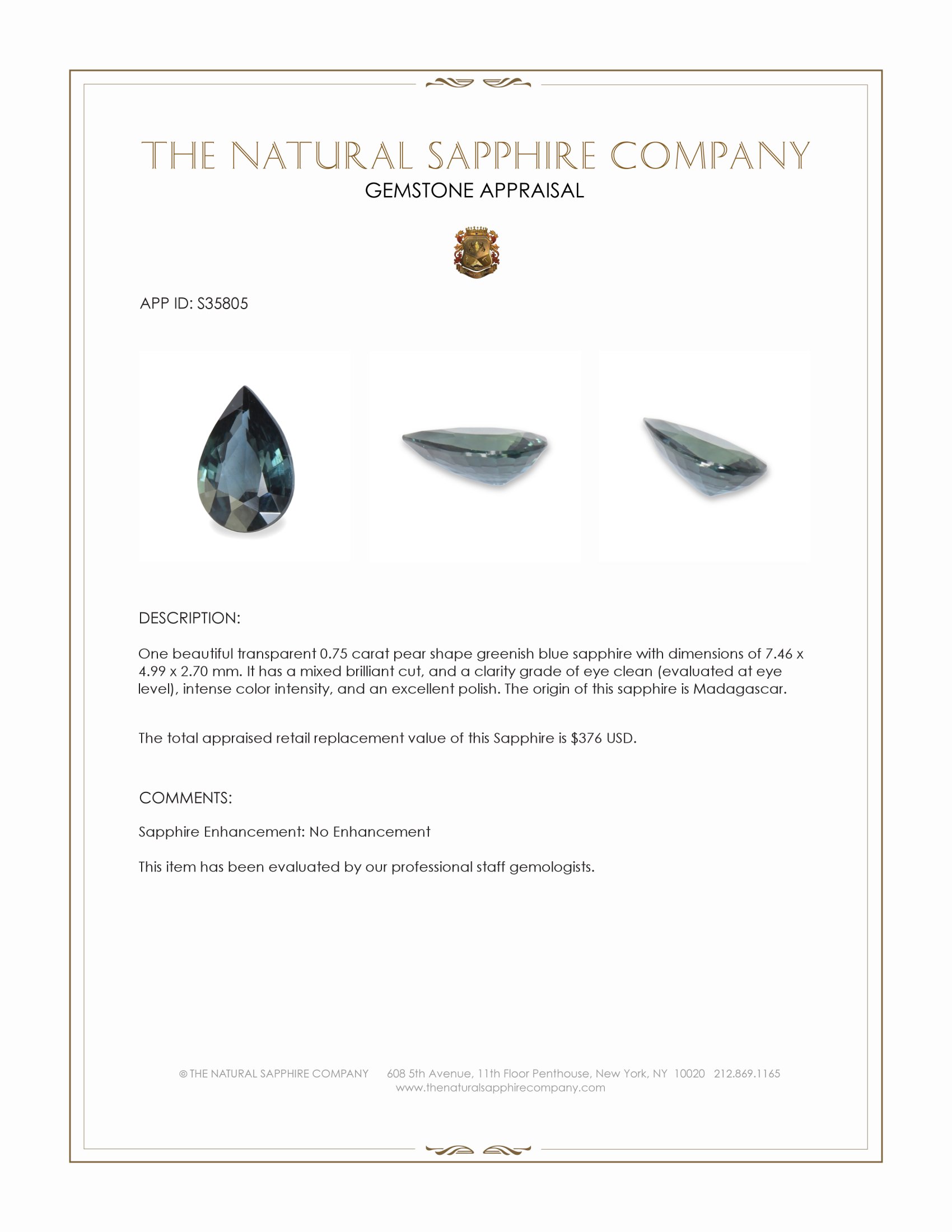 0.75 Ct. Greenish Blue Sapphire from Madagascar