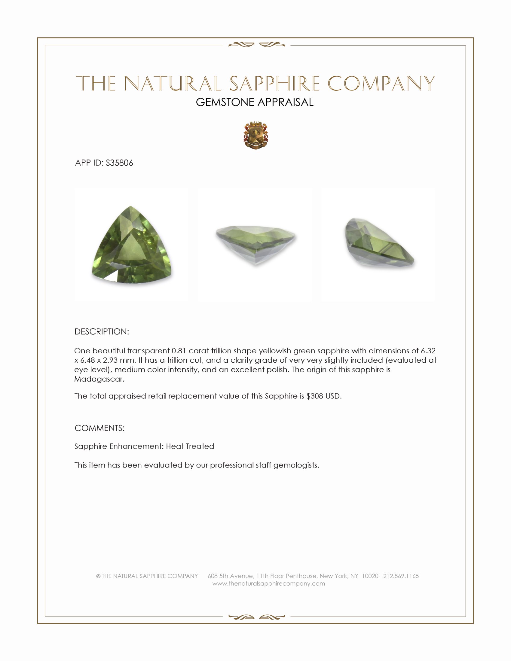 0.81 Ct. Yellowish Green Sapphire from Madagascar