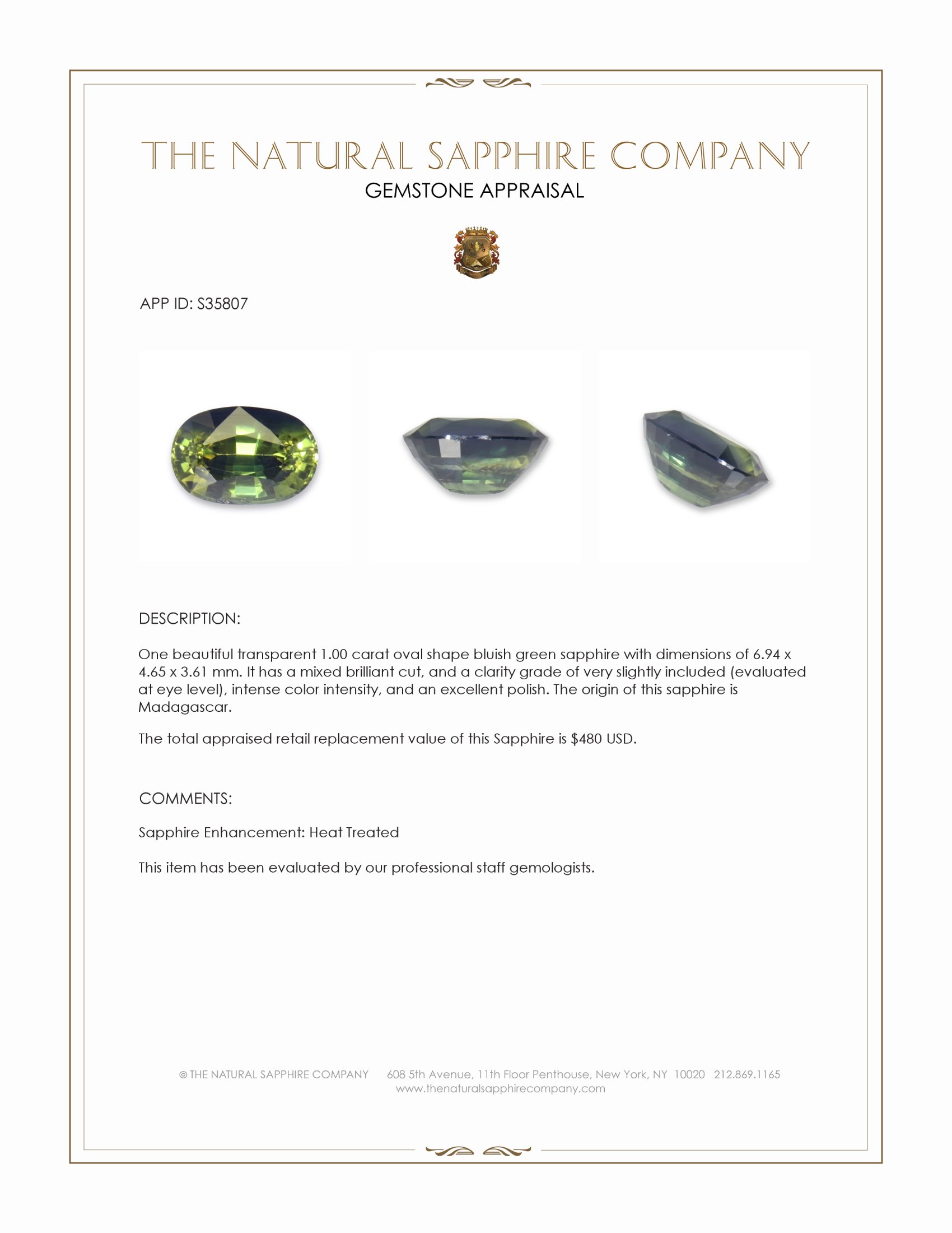 1.00 Ct. Bluish Green Sapphire from Madagascar