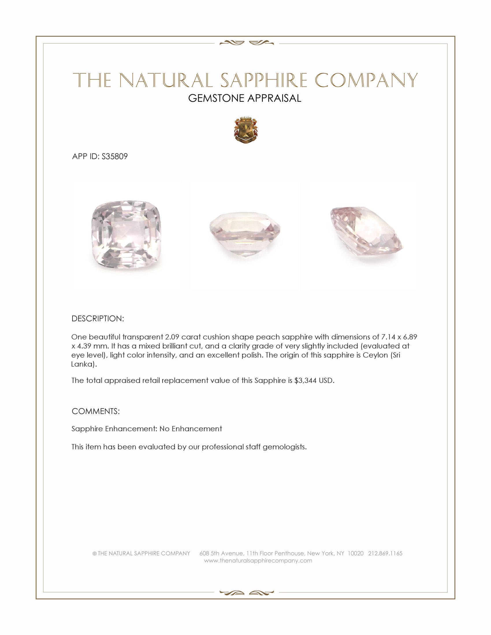 2.09 Ct. Peach Sapphire from Ceylon (Sri Lanka)