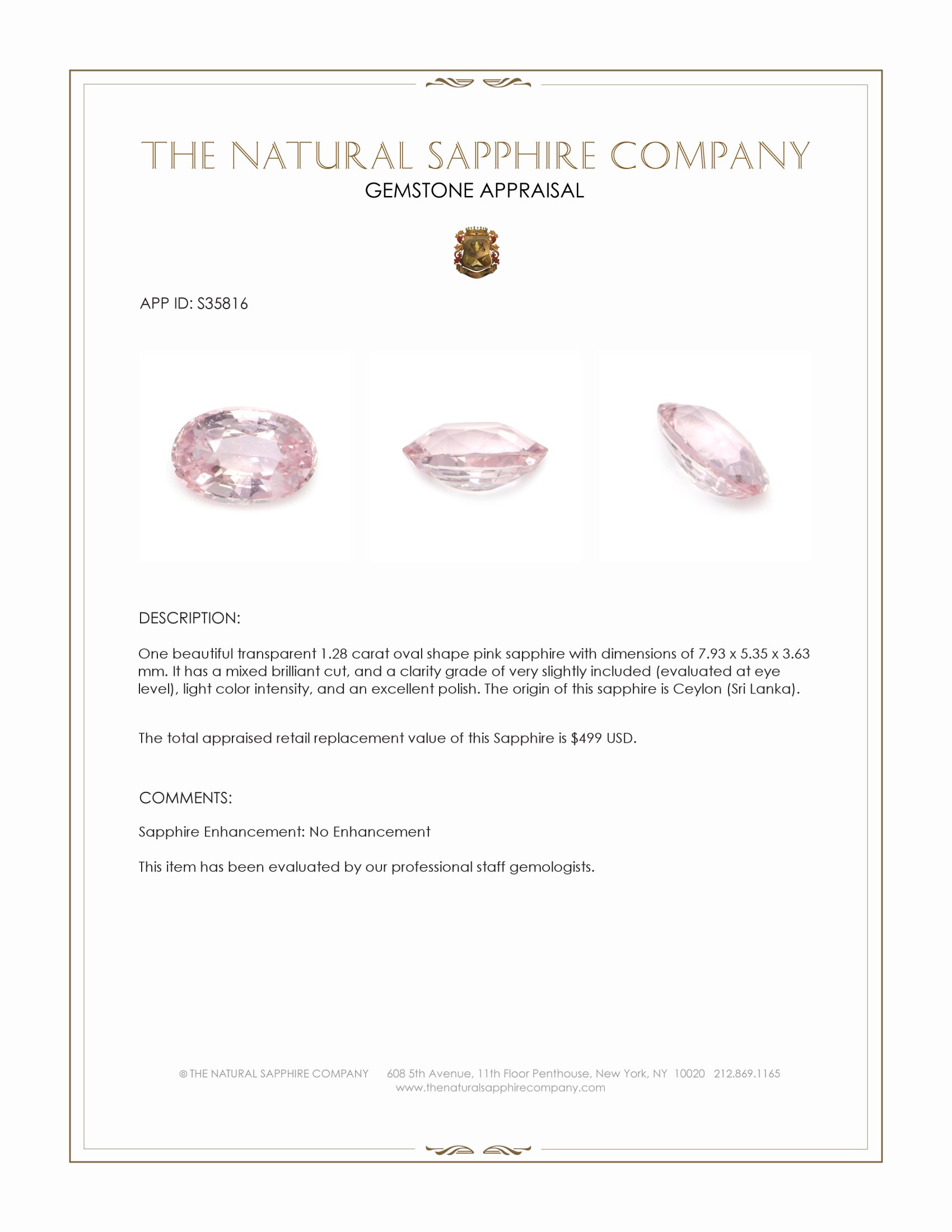 1.28 Ct. Pink Sapphire from Ceylon (Sri Lanka)