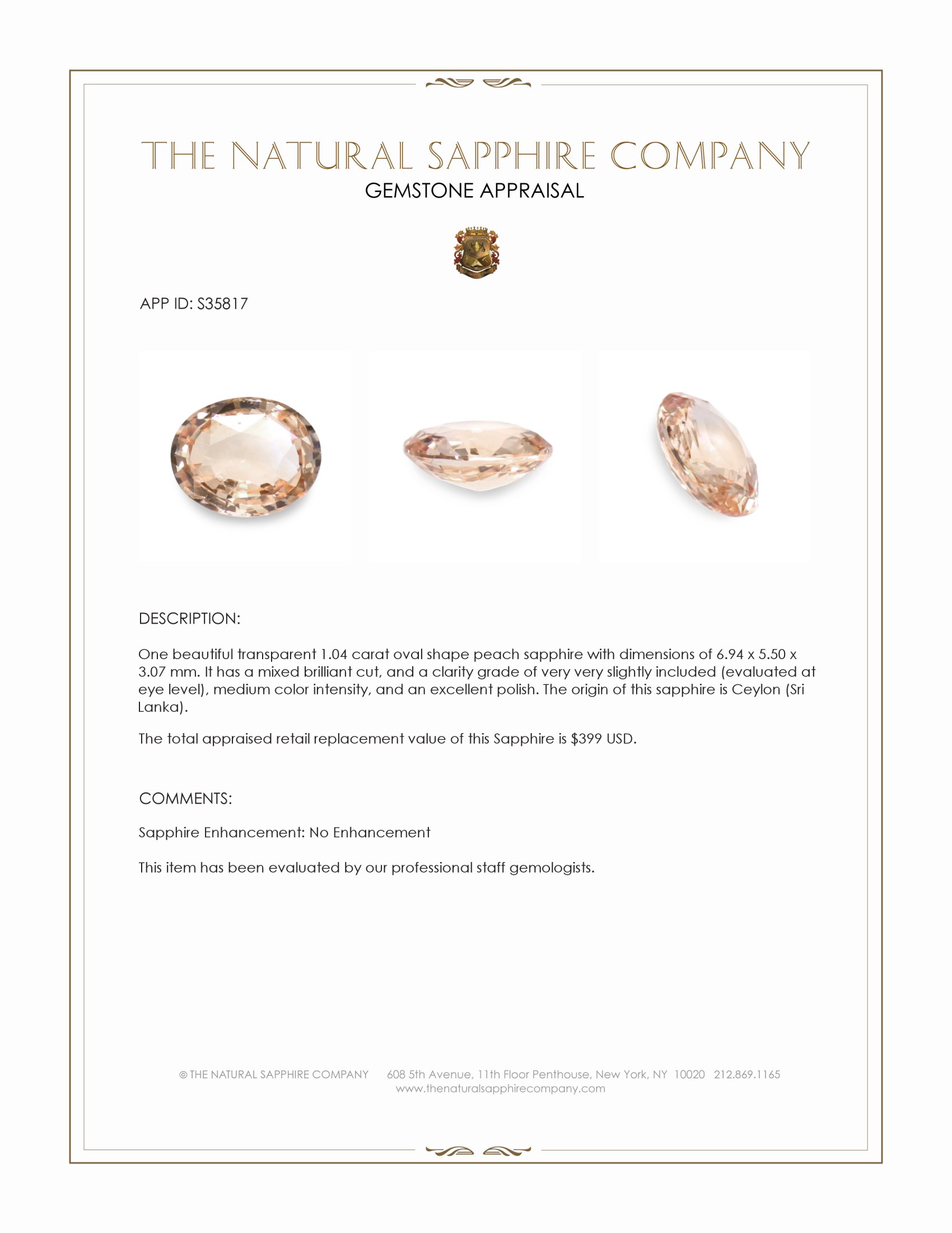 1.04 Ct. Peach Sapphire from Ceylon (Sri Lanka)