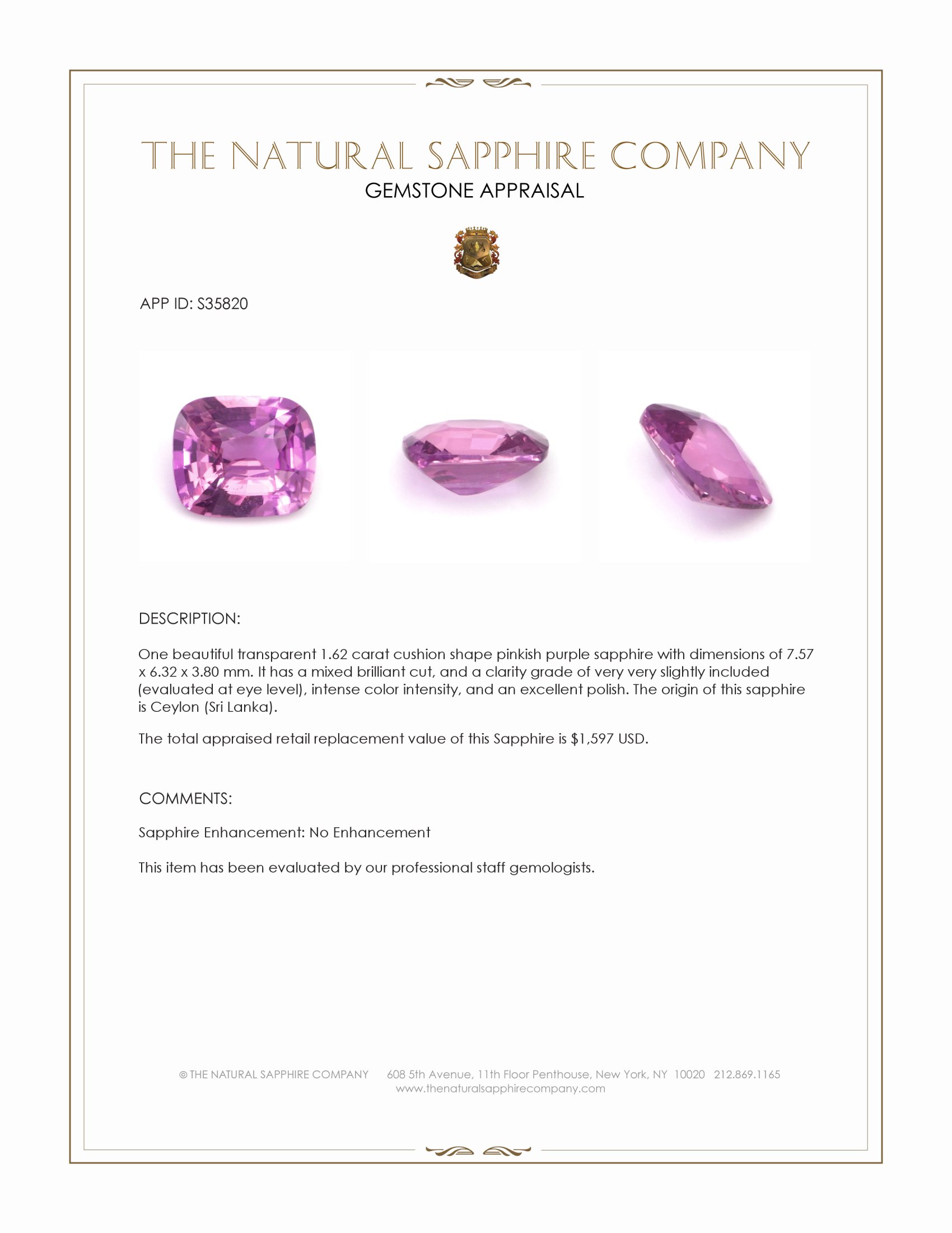 1.62 Ct. Pinkish Purple Sapphire from Ceylon (Sri Lanka)