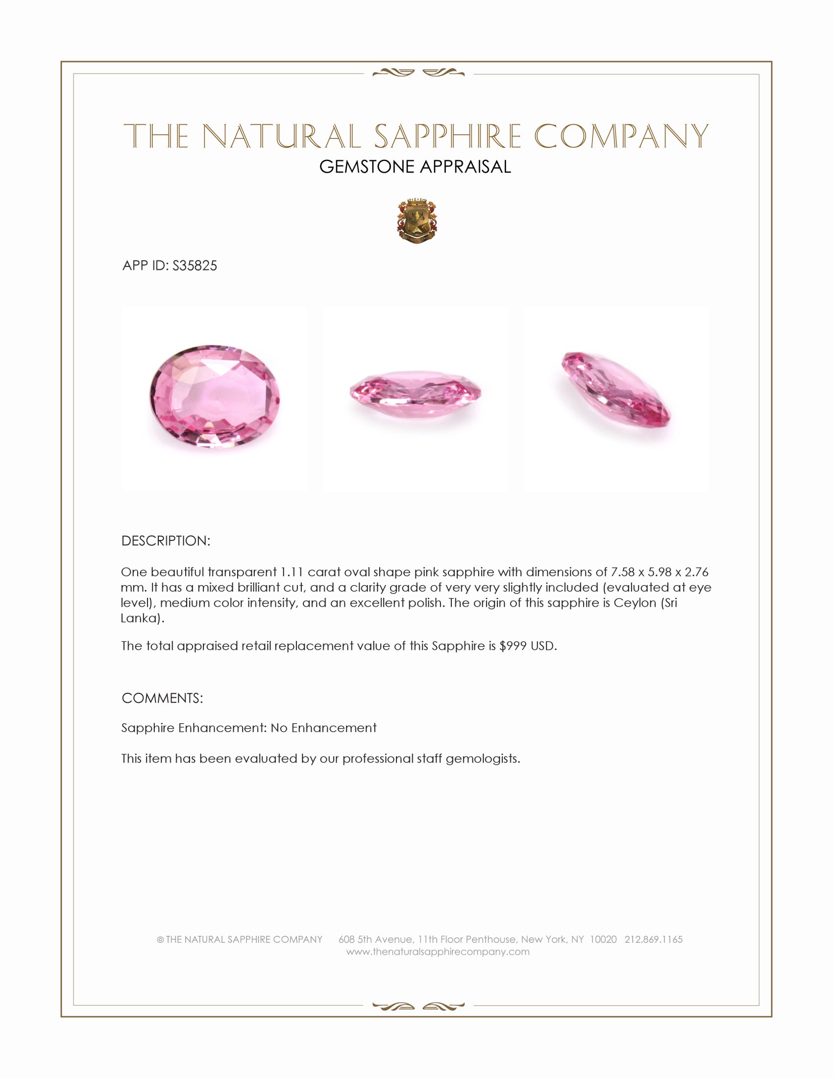 1.11 Ct. Pink Sapphire from Ceylon (Sri Lanka)