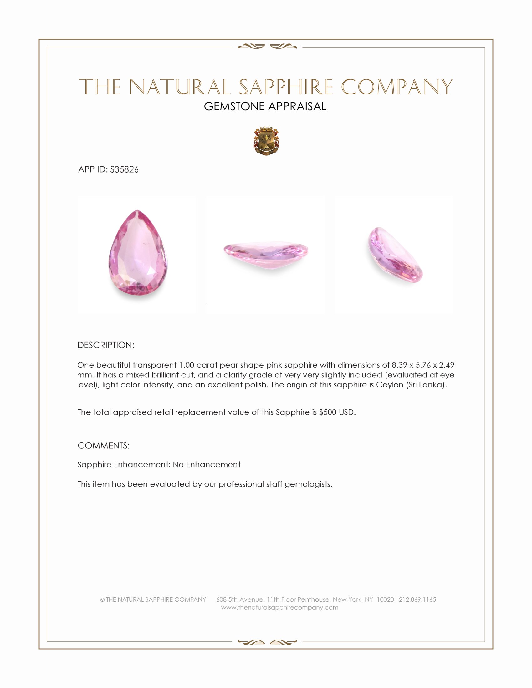 1.00 Ct. Pink Sapphire from Ceylon (Sri Lanka)