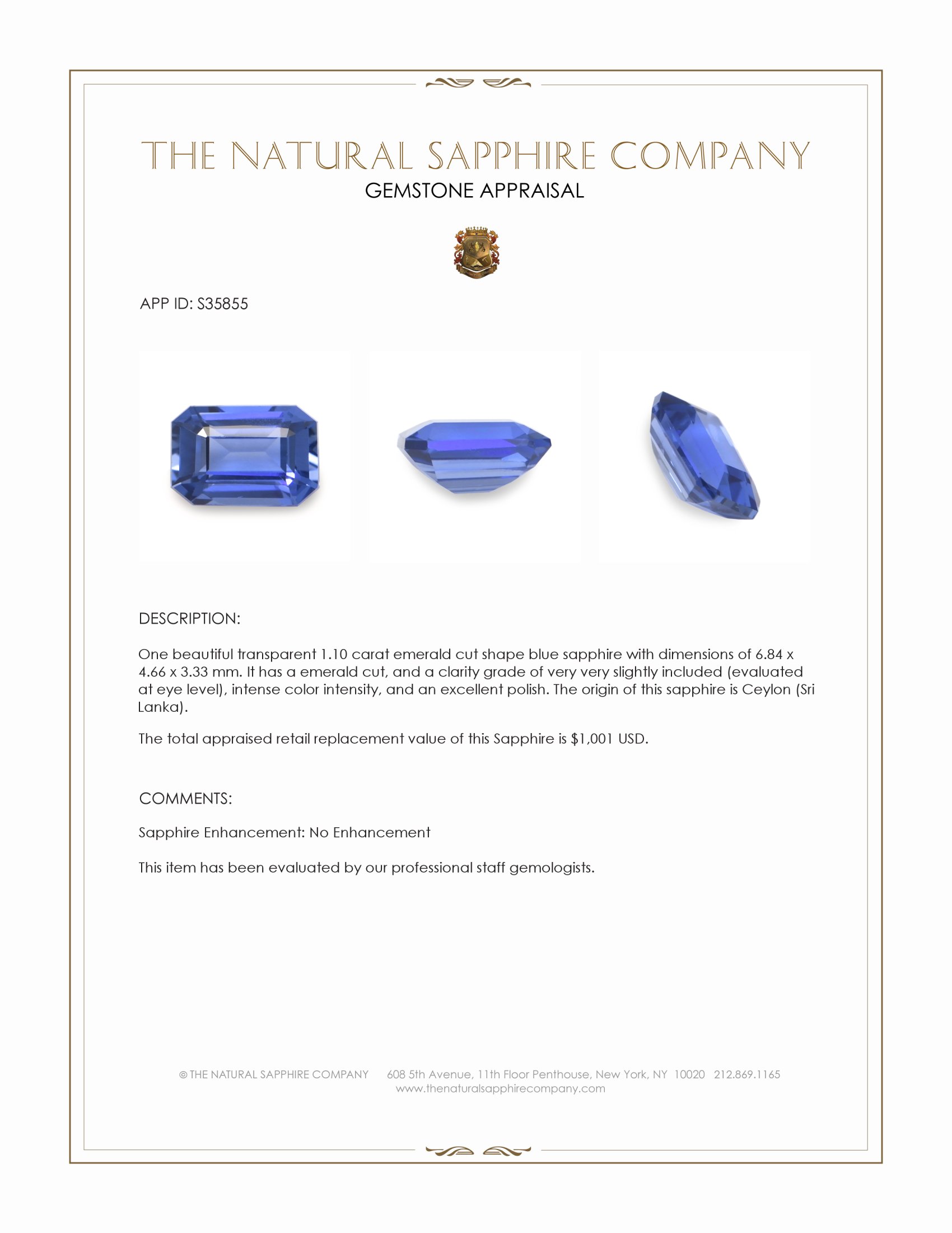 1.10 Ct. Blue Sapphire from Ceylon (Sri Lanka)