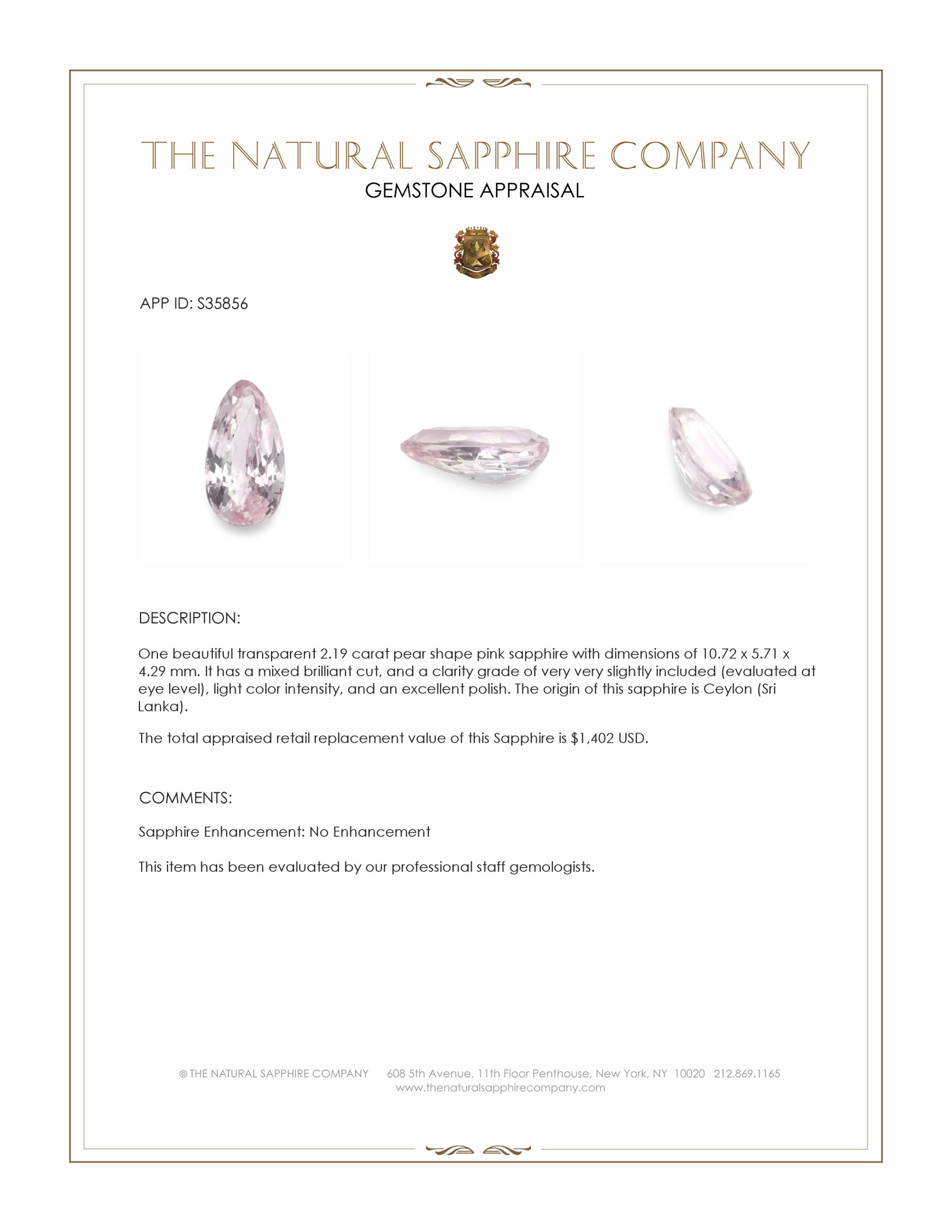 2.19 Ct. Pink Sapphire from Ceylon (Sri Lanka)