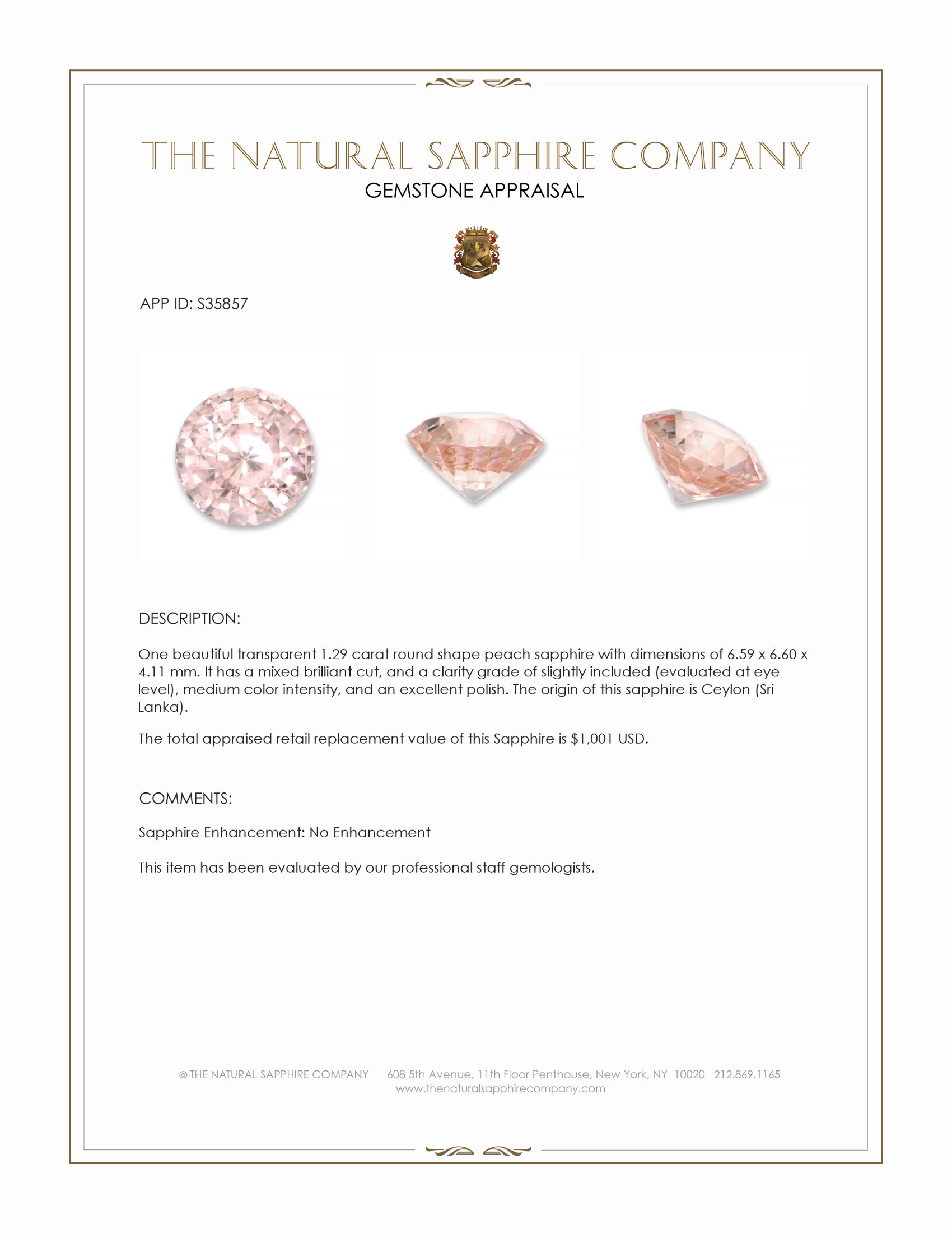 1.29 Ct. Peach Sapphire from Ceylon (Sri Lanka)