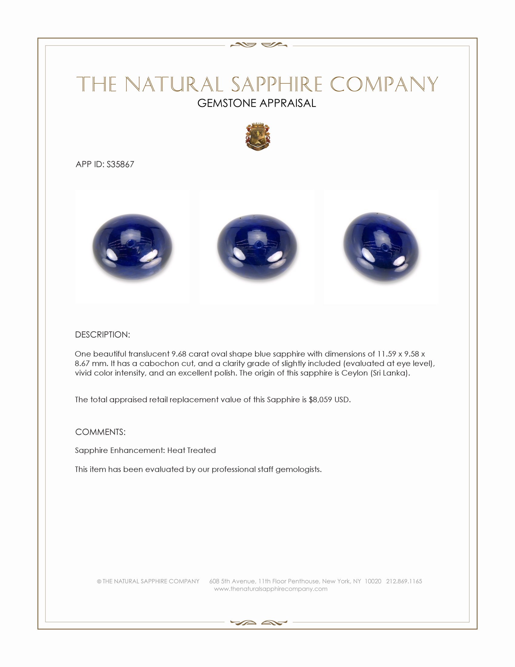 9.68 Ct. Blue Cabochon Sapphire from Ceylon (Sri Lanka)