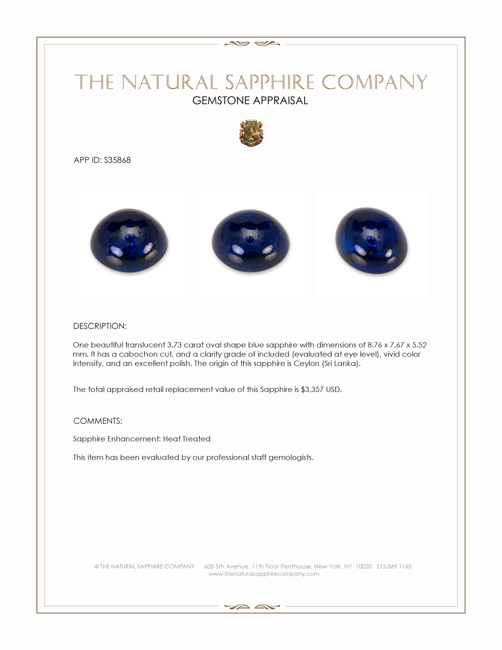 3.73 Ct. Blue Cabochon Sapphire from Ceylon (Sri Lanka)