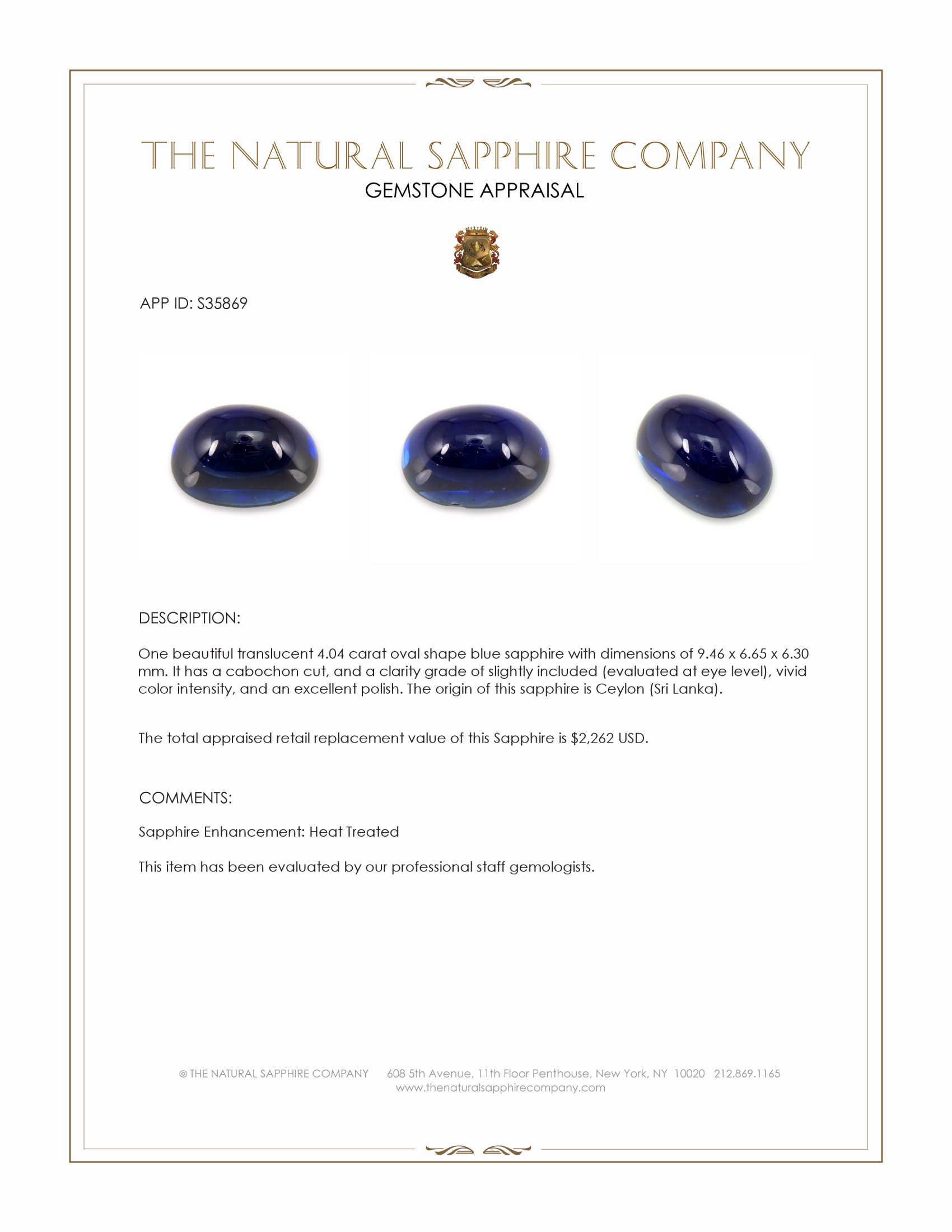 4.04 Ct. Blue Cabochon Sapphire from Ceylon (Sri Lanka)