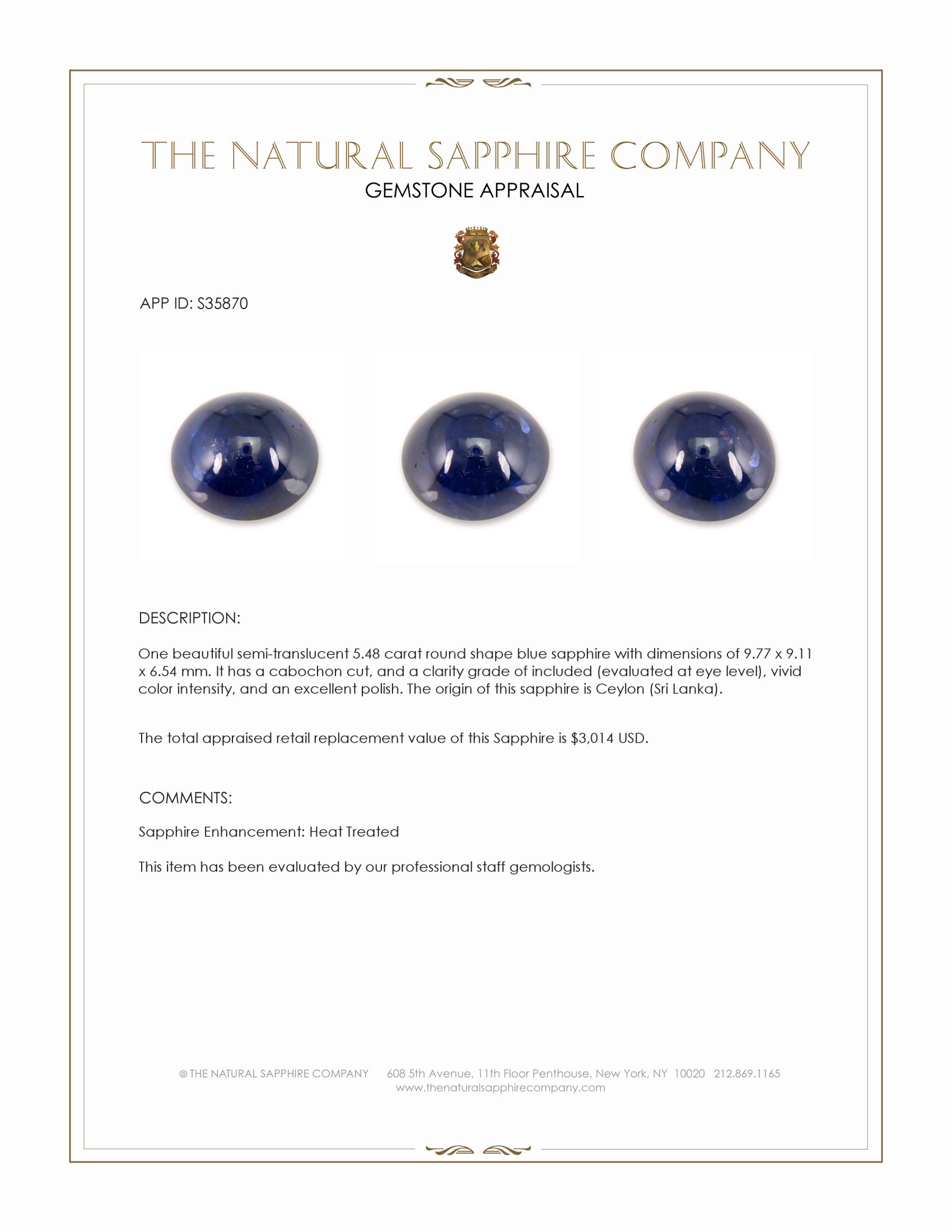 5.48 Ct. Blue Cabochon Sapphire from Ceylon (Sri Lanka)