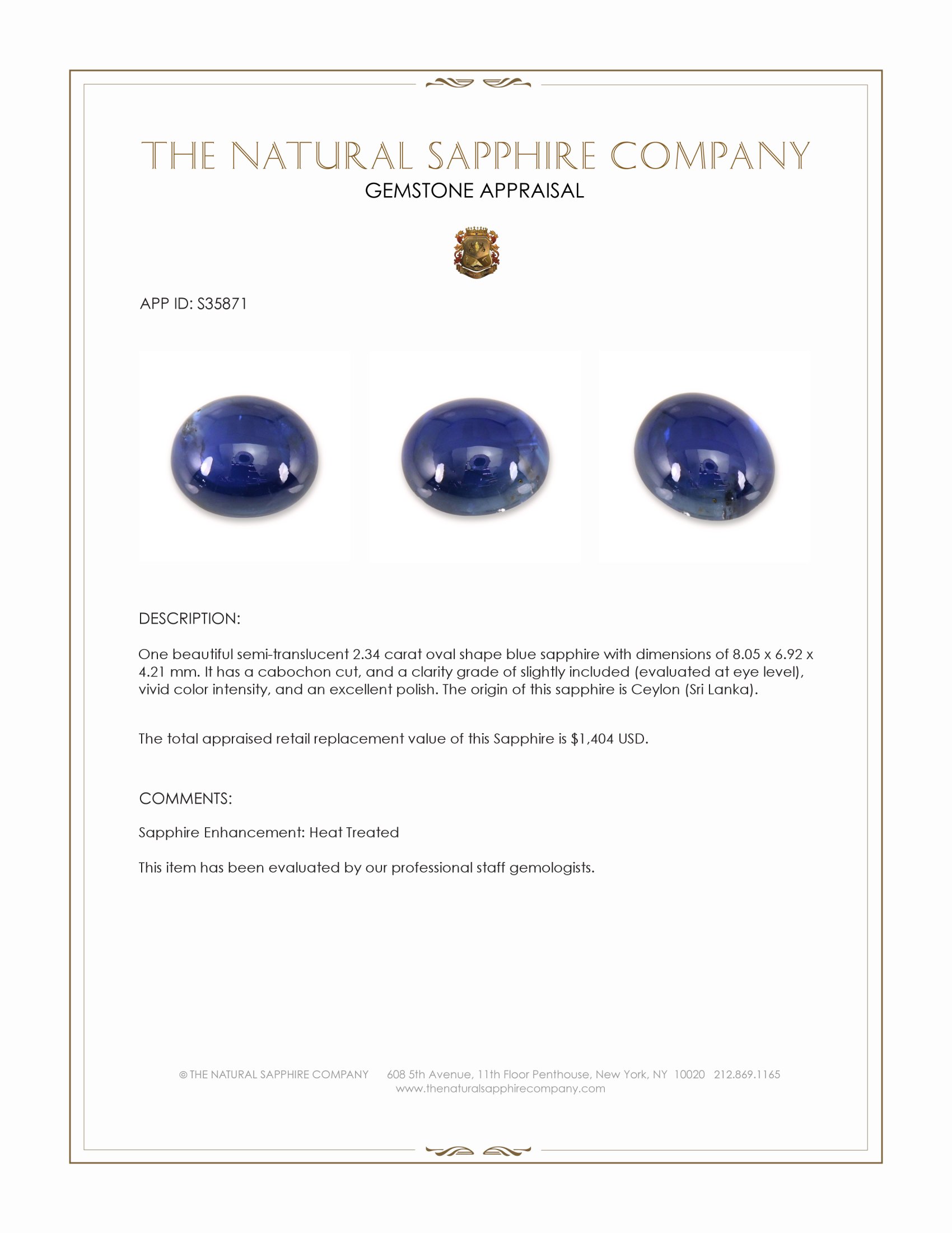 2.34 Ct. Blue Cabochon Sapphire from Ceylon (Sri Lanka)