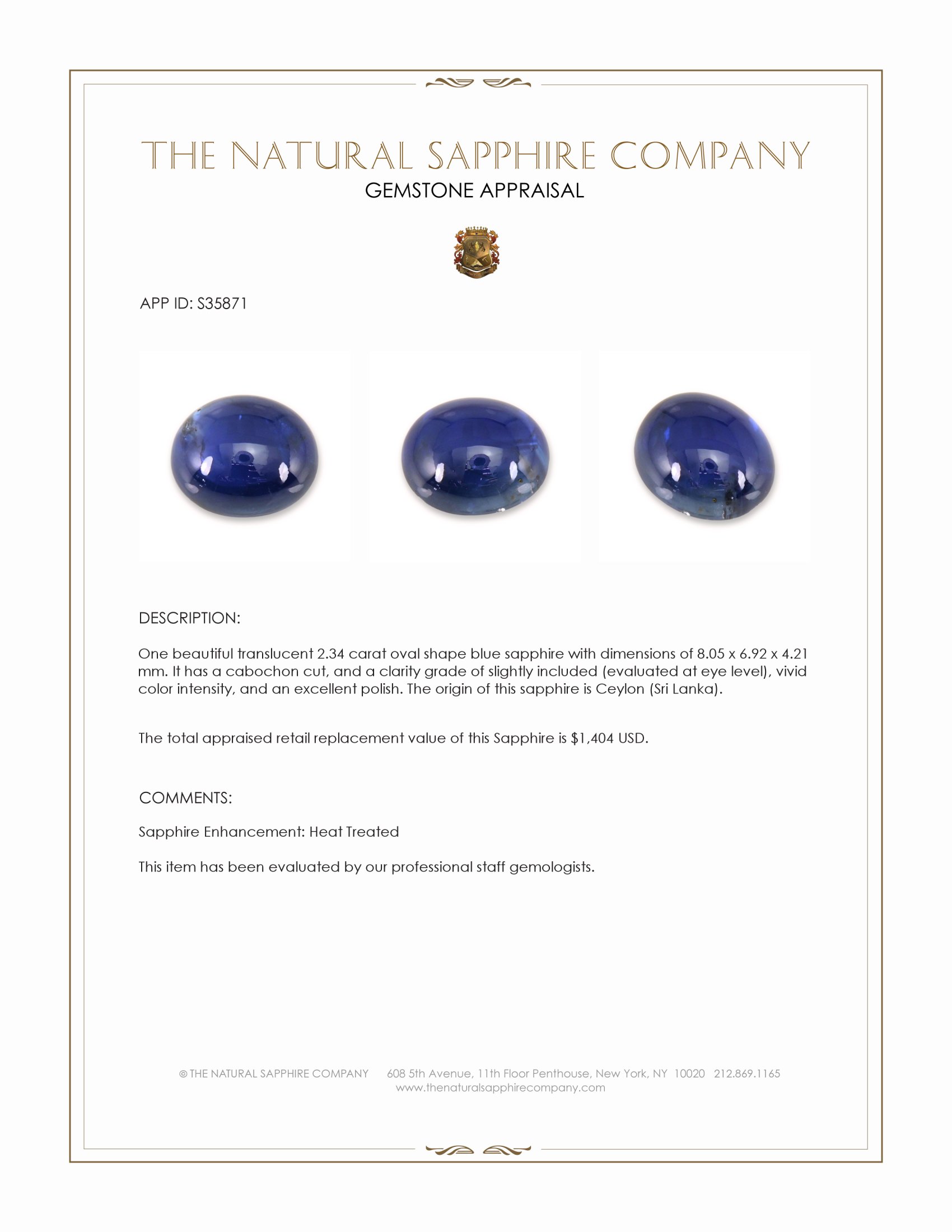 2.34 Ct. Blue Cabochon Sapphire from Ceylon (Sri Lanka)