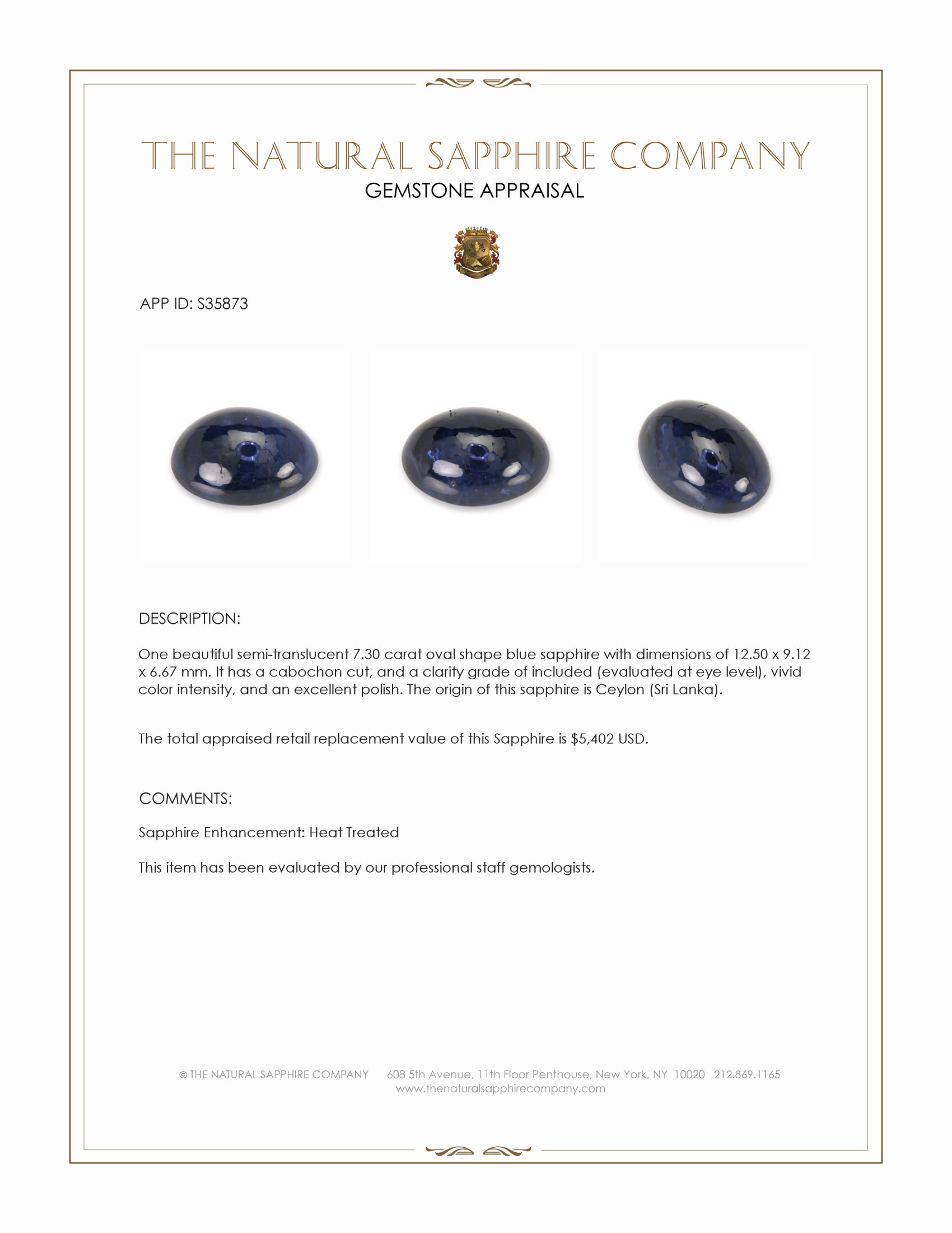 7.30 Ct. Blue Cabochon Sapphire from Ceylon (Sri Lanka)