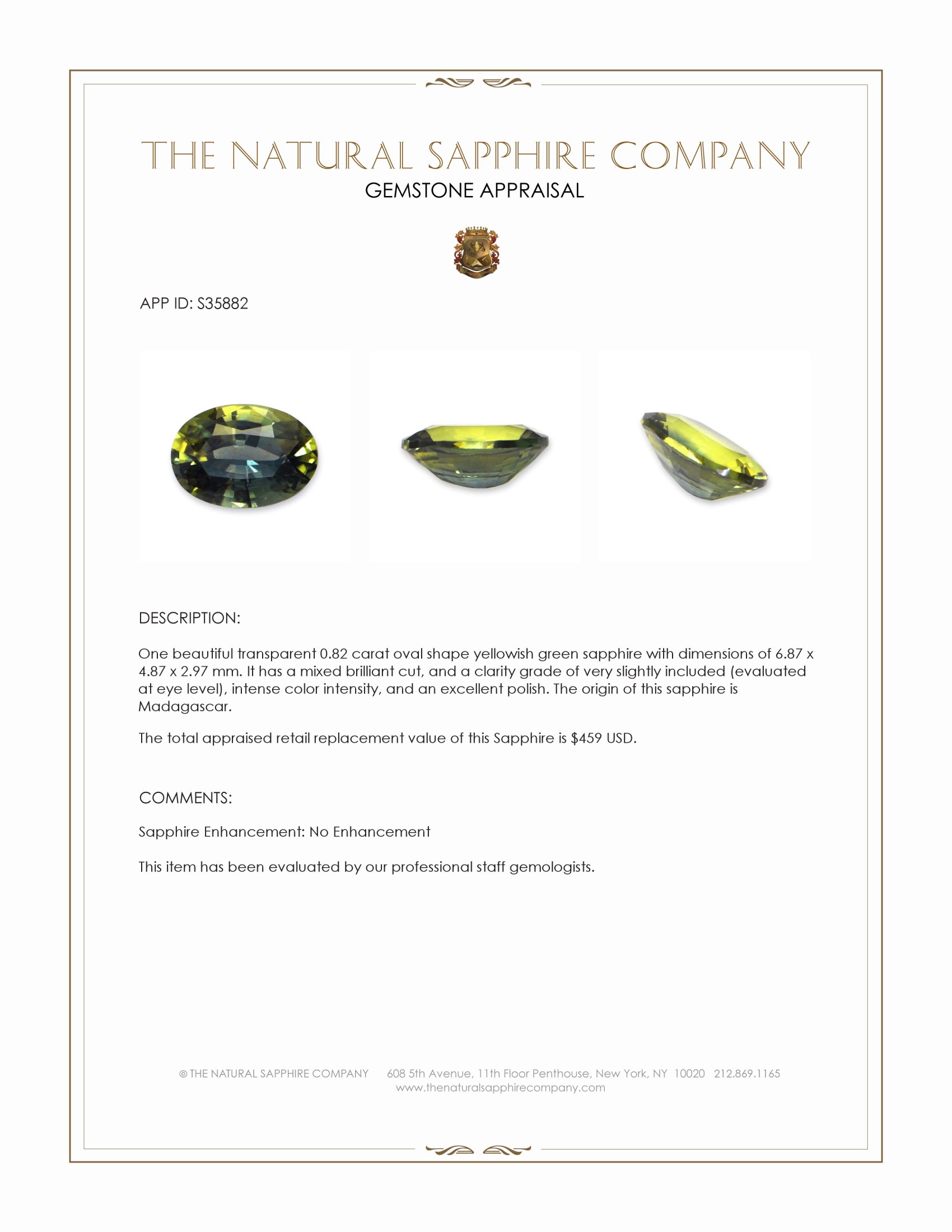 0.82 Ct. Yellowish Green Sapphire from Madagascar