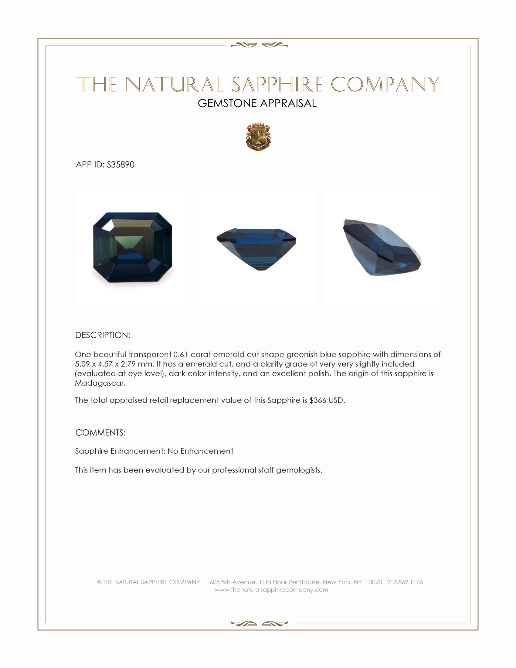 0.61 Ct. Greenish Blue Sapphire from Madagascar