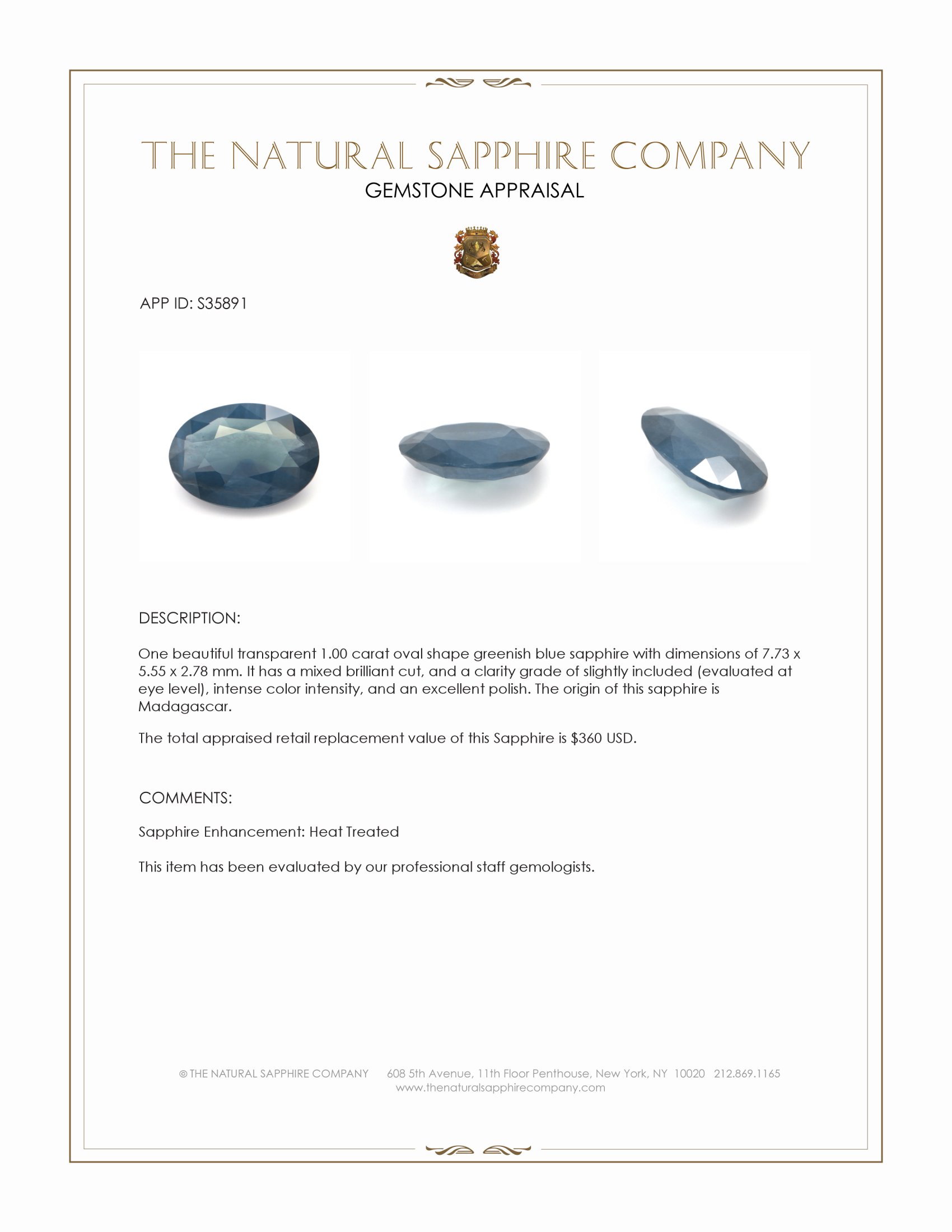 1.00 Ct. Greenish Blue Sapphire from Madagascar