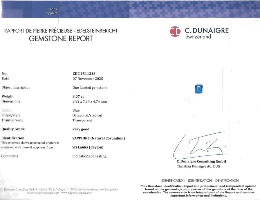 3.07 Ct. Blue Sapphire from Ceylon (Sri Lanka)