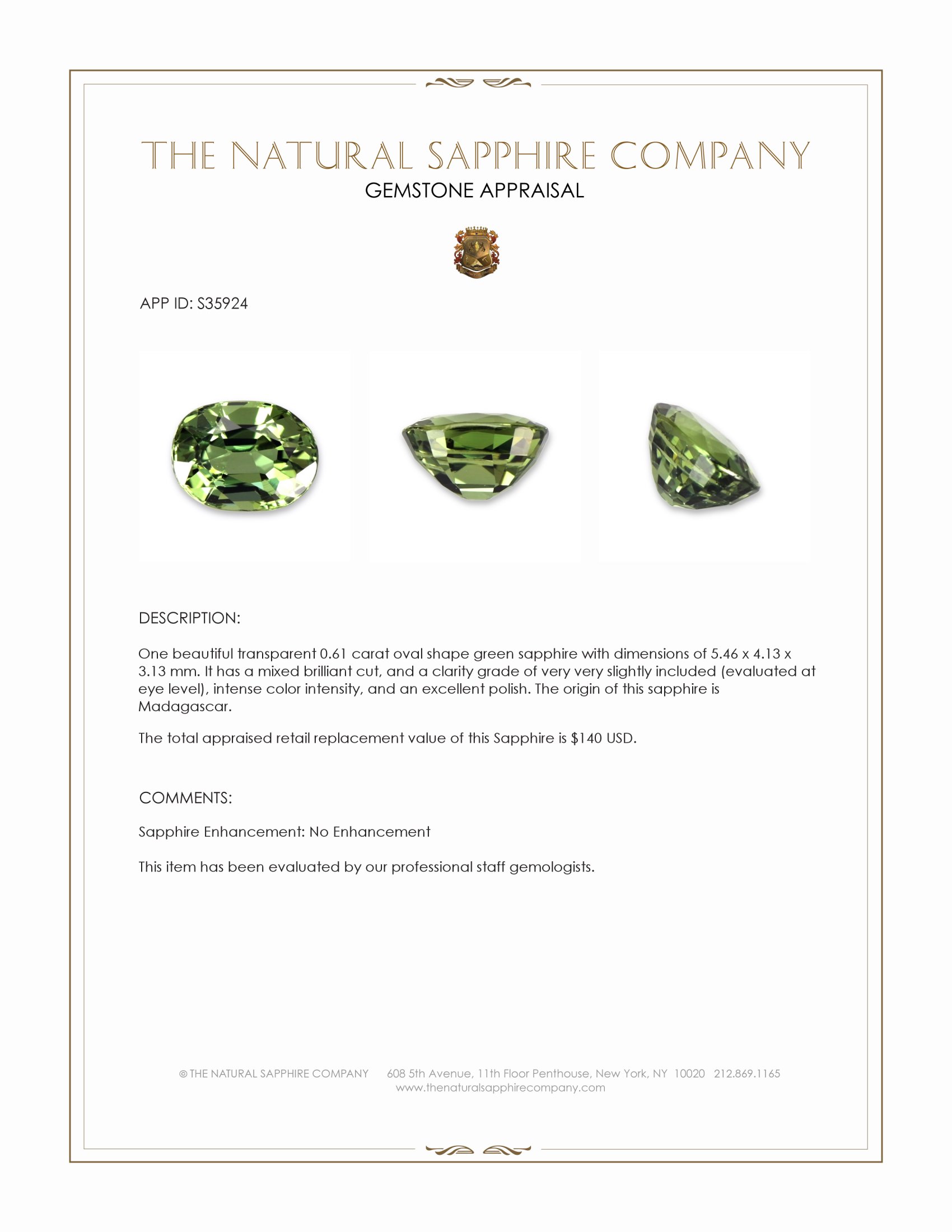 0.61 Ct. Green Sapphire from Madagascar