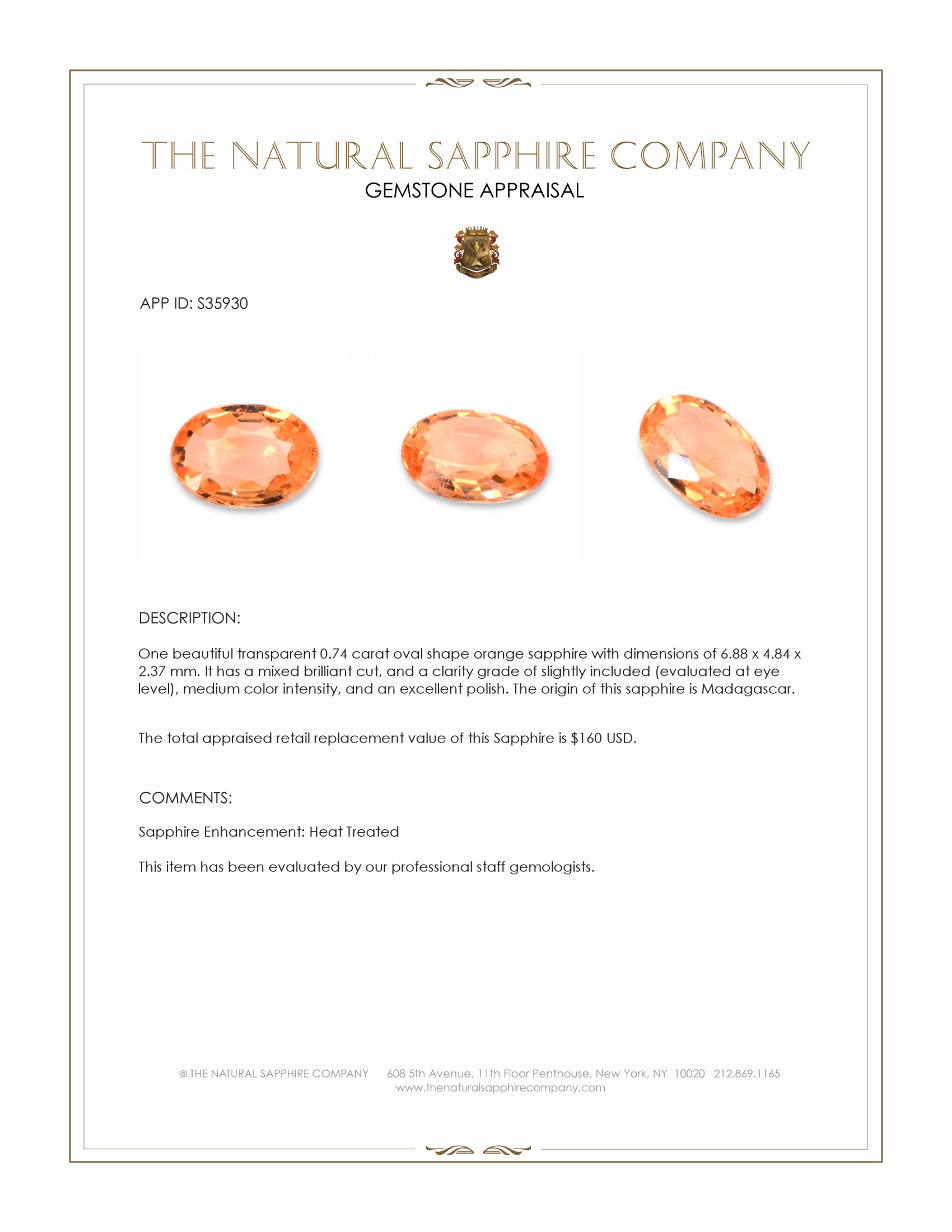 0.74 Ct. Orange Sapphire from Madagascar